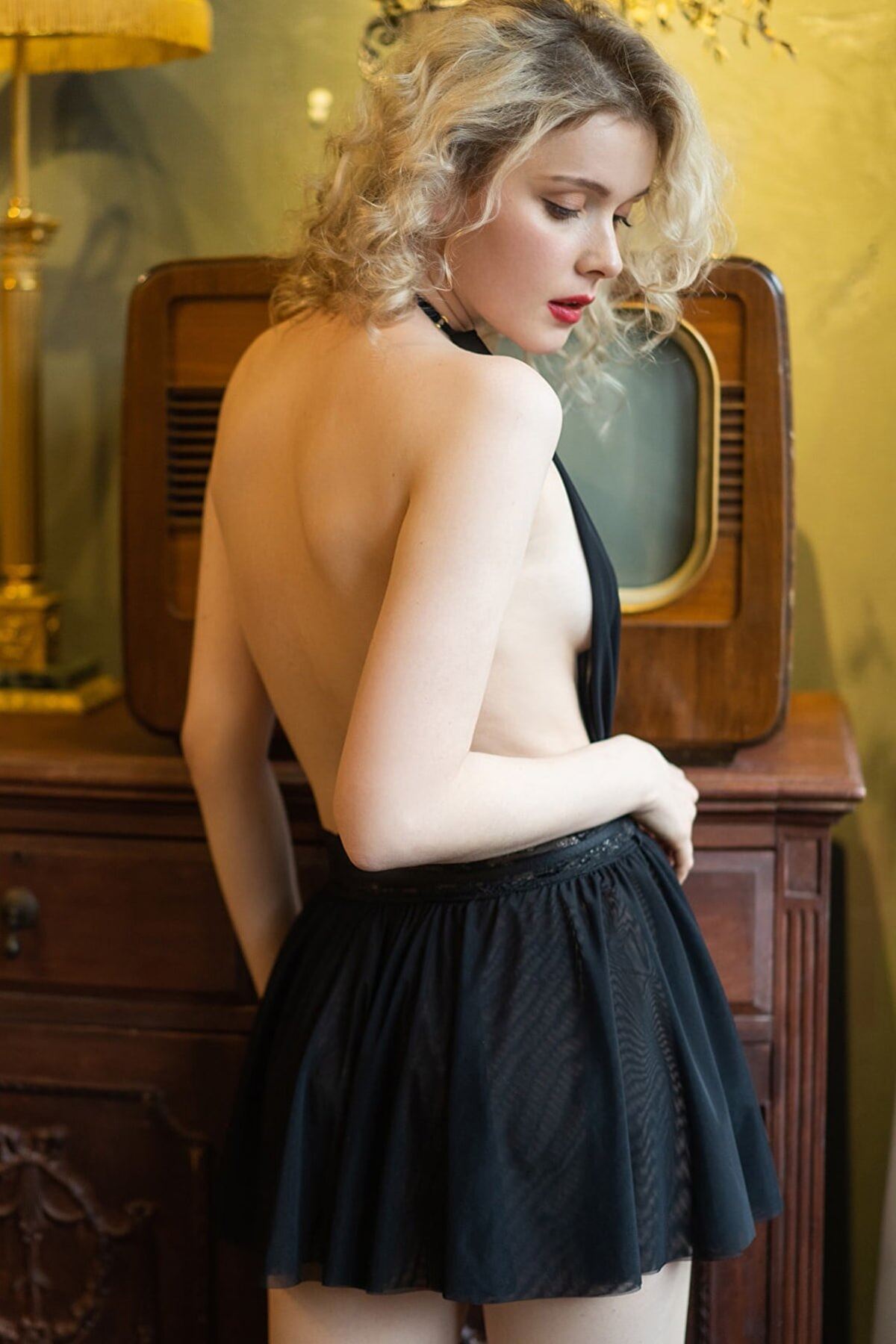 Double Tulle Low-cut Nightgown Black - 3053.1364.