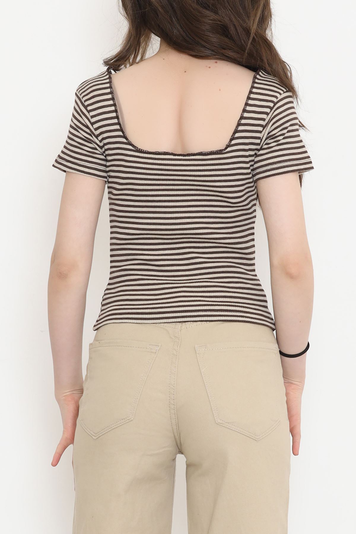 Striped Square Neck Blouse Coffee - 15892.1567.