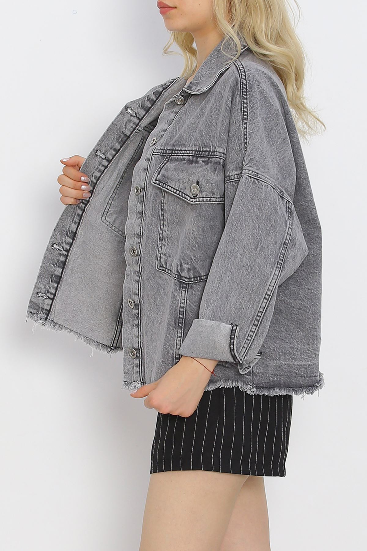 Fringed Crop Jeans Jacket Anthracite - 20388.1778.