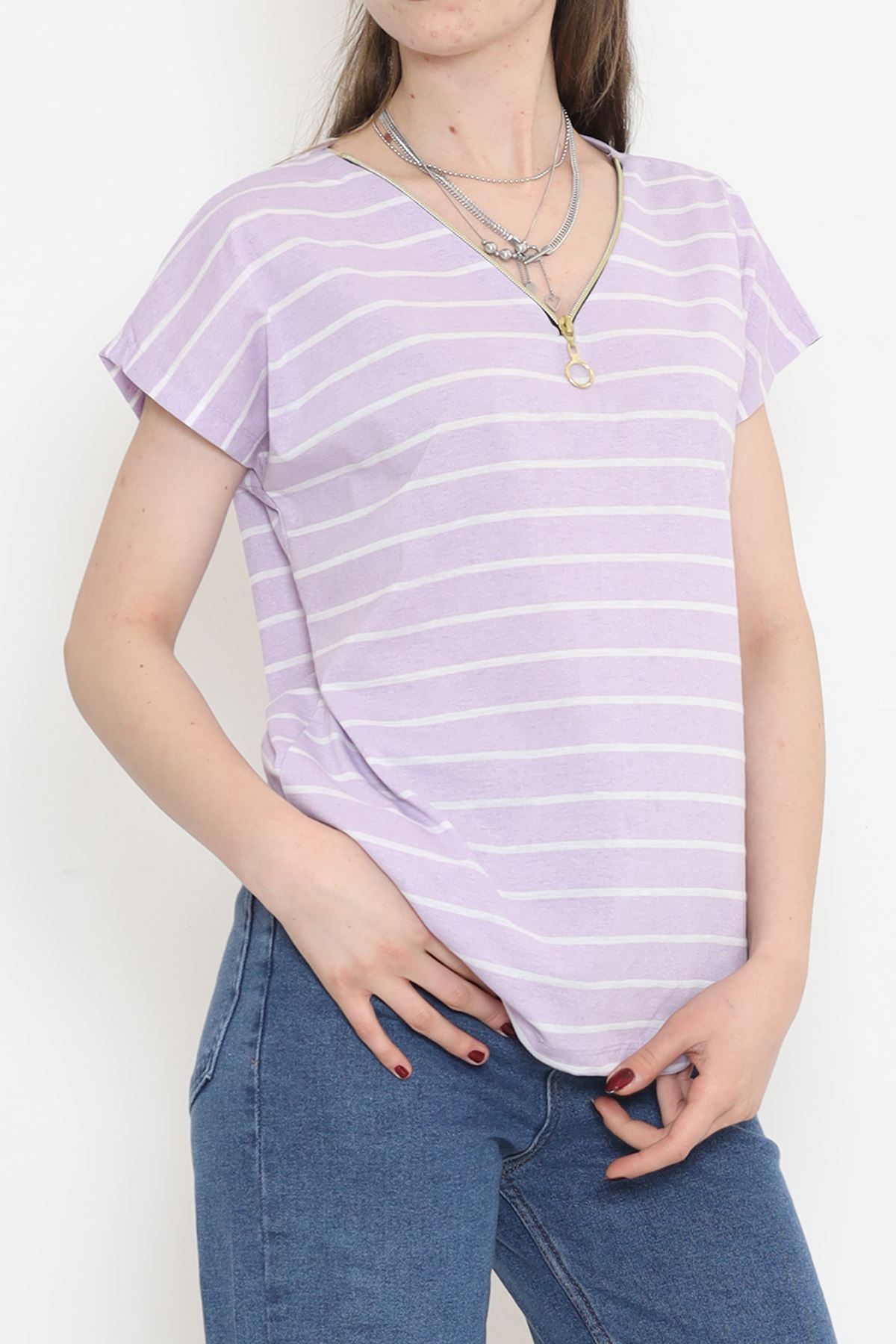 Zippered Striped T-shirt Lilac - 9657.1567.