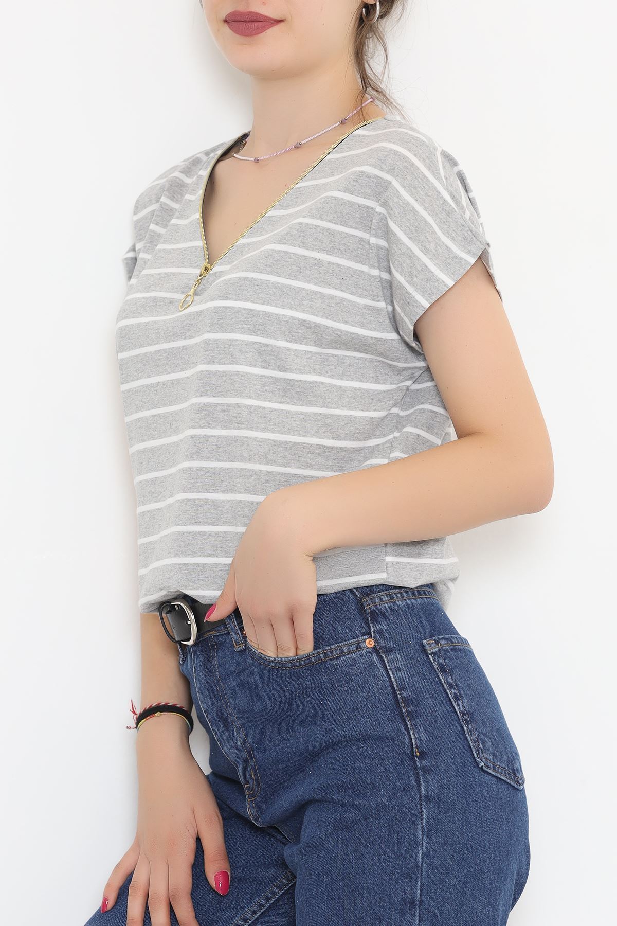 Striped T-shirt with zipper Grey1 - 9657.1567.