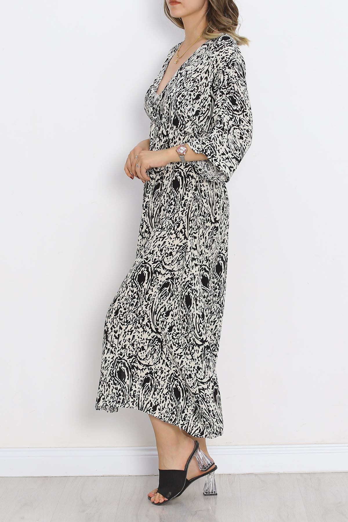 Double-breasted Collar Patterned Dress Black1 - 707.1247.