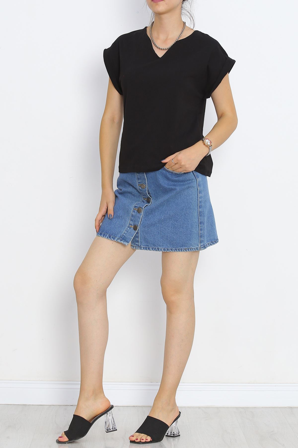 Pear Neck Double Sleeve T-Shirt Black - 15873.1567.