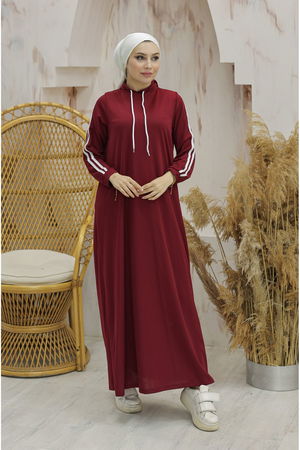 Hooded Stripe Detailed Dress Burgundy - 10005.1778.