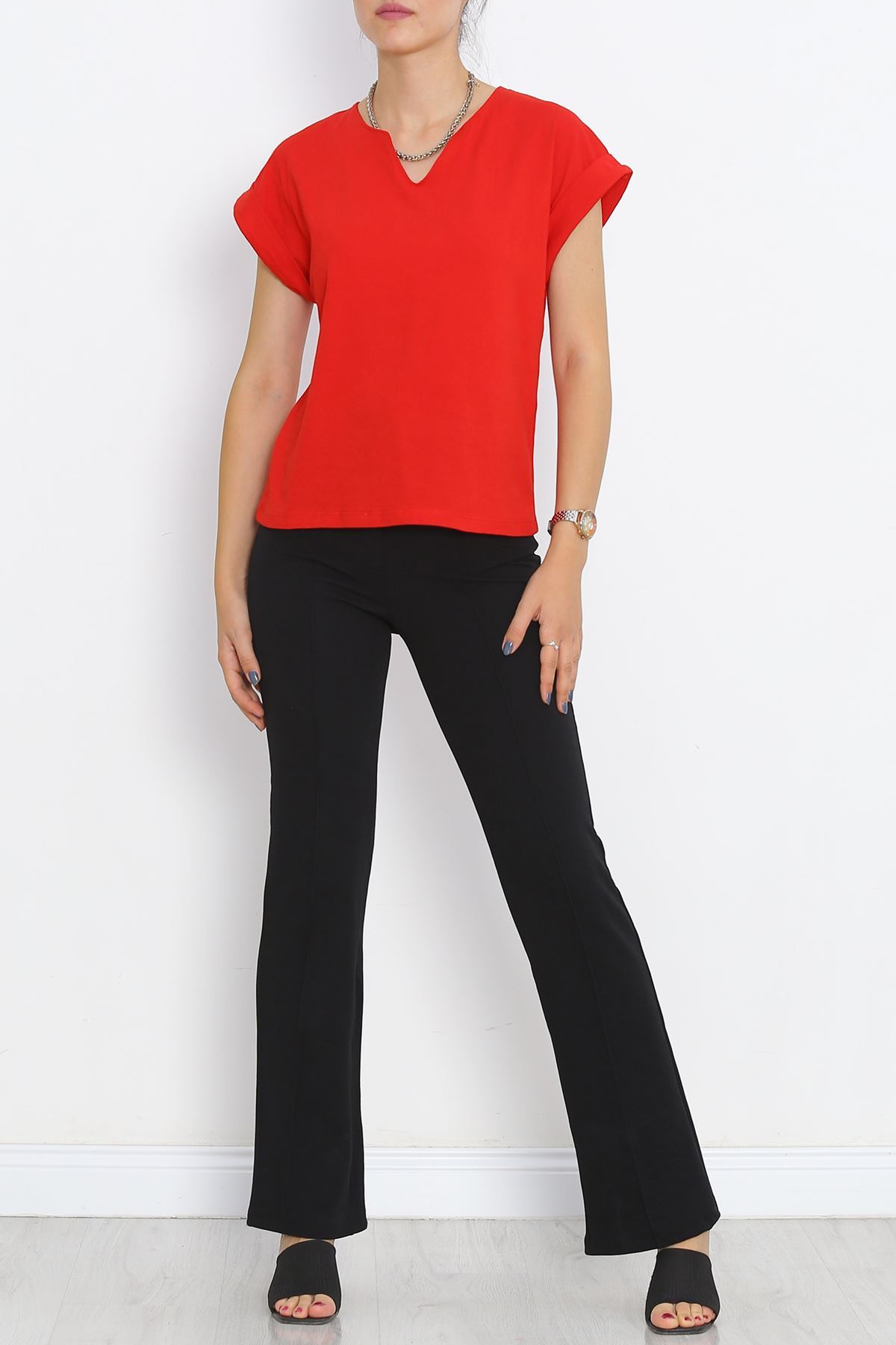 Pear Neck Double Sleeve T-Shirt Red - 15873.1567.