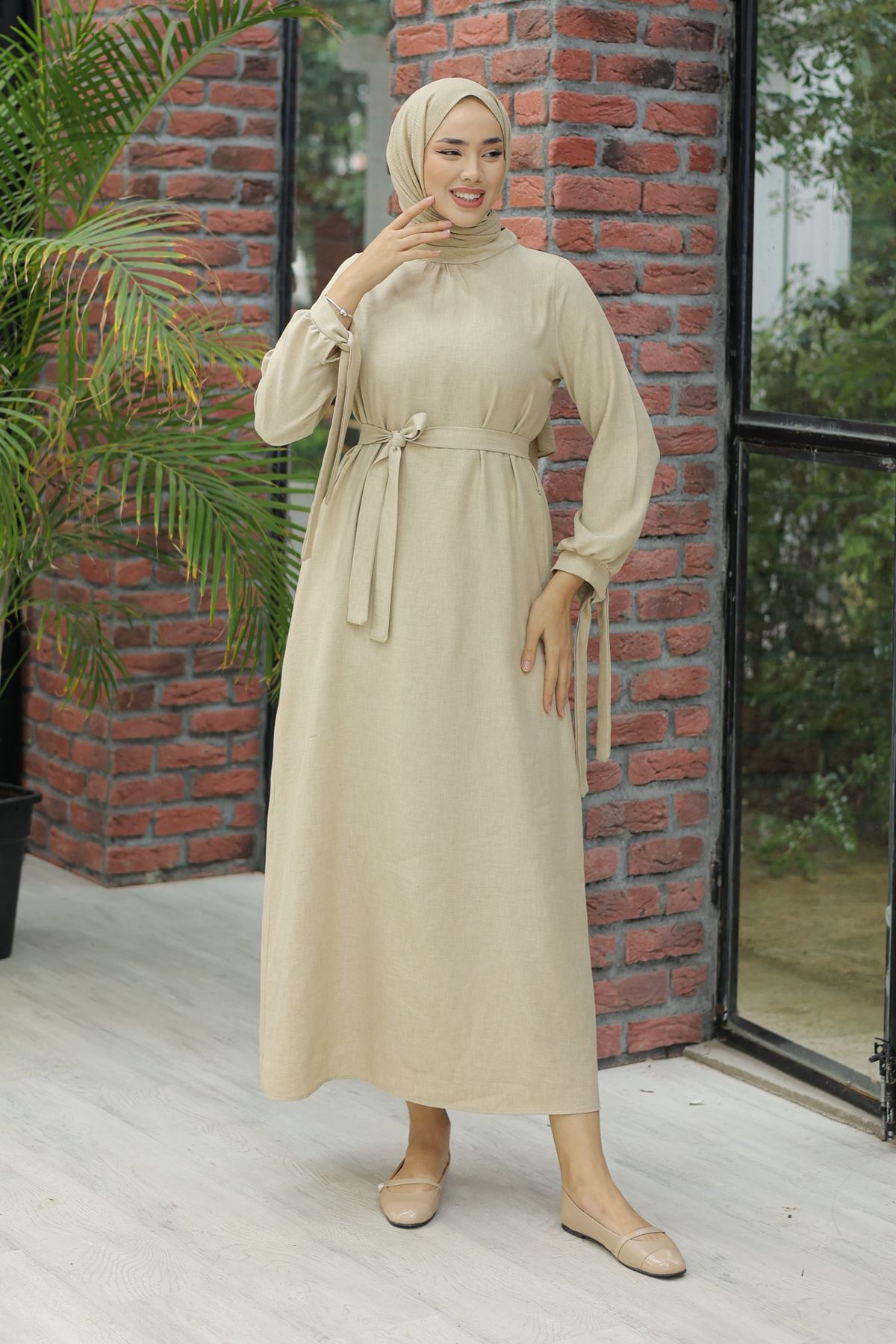 Linen Dress with Sleeve Ties Cream - 20346.1778.