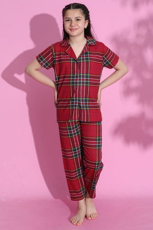 4-13 Years Old Children's Pajama Set Maroon-checked - 403.1287.