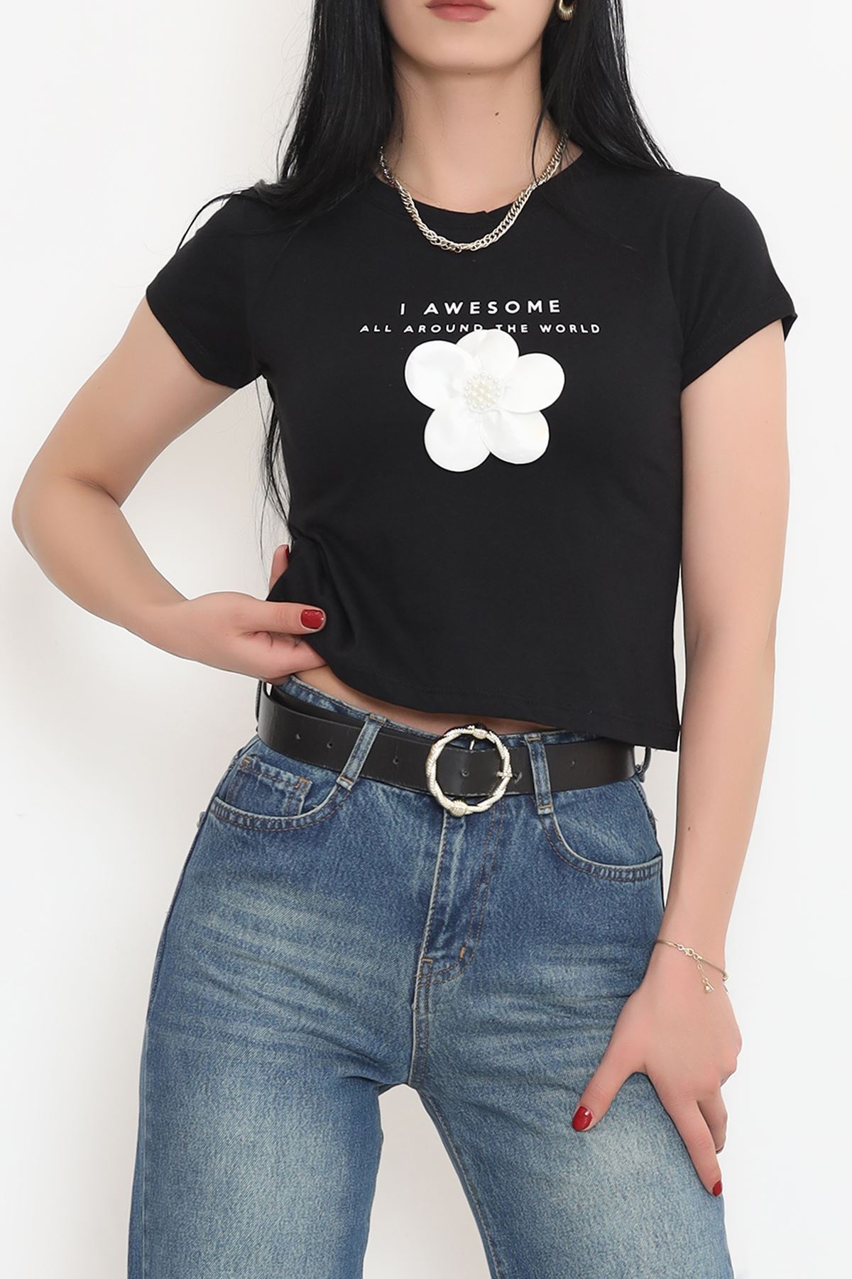 Printed Flower Detailed T-shirt Black - 16605.514.