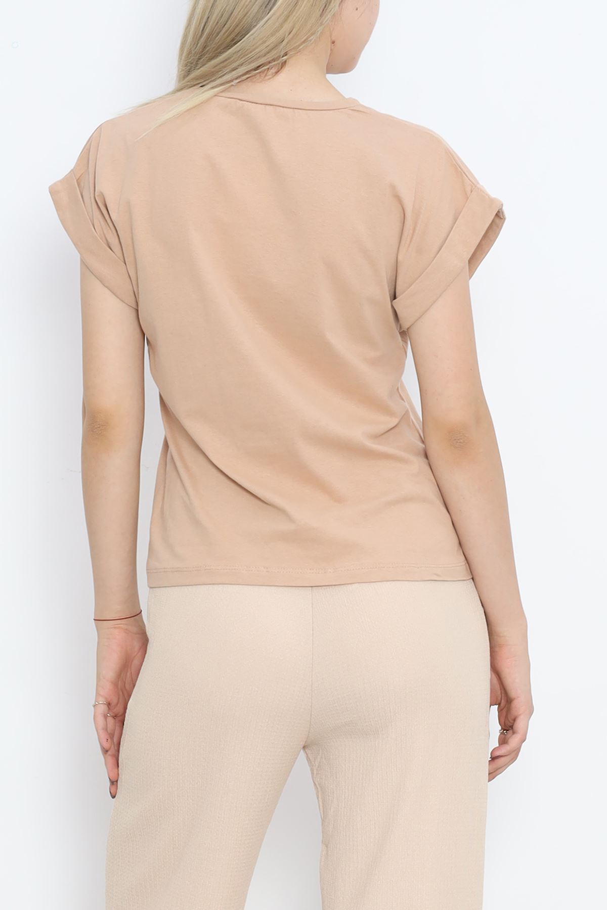 Pear Neck Double Sleeve T-Shirt Biscuit - 15873.1567.