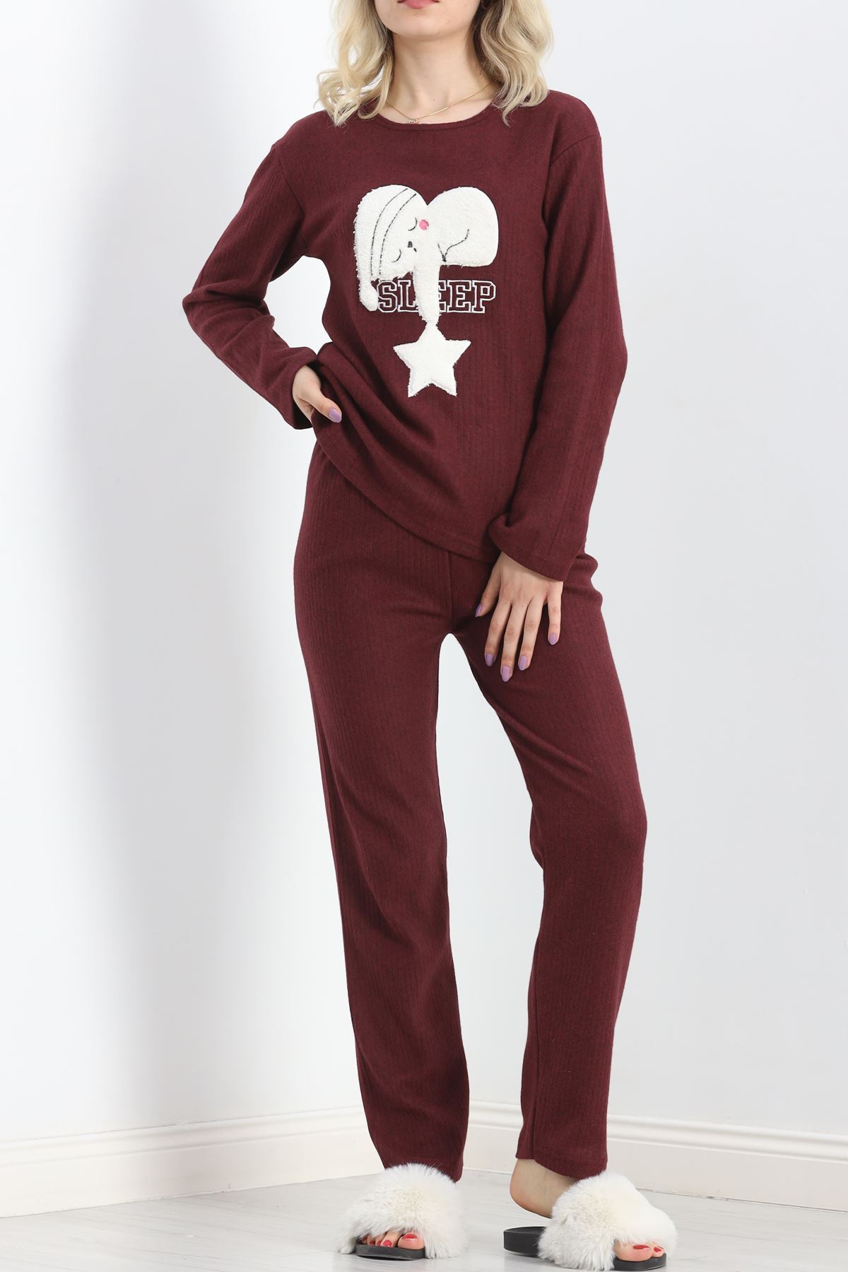 Nakışlı Fitilli Pijama Takımı Bordo - 19217.1048.