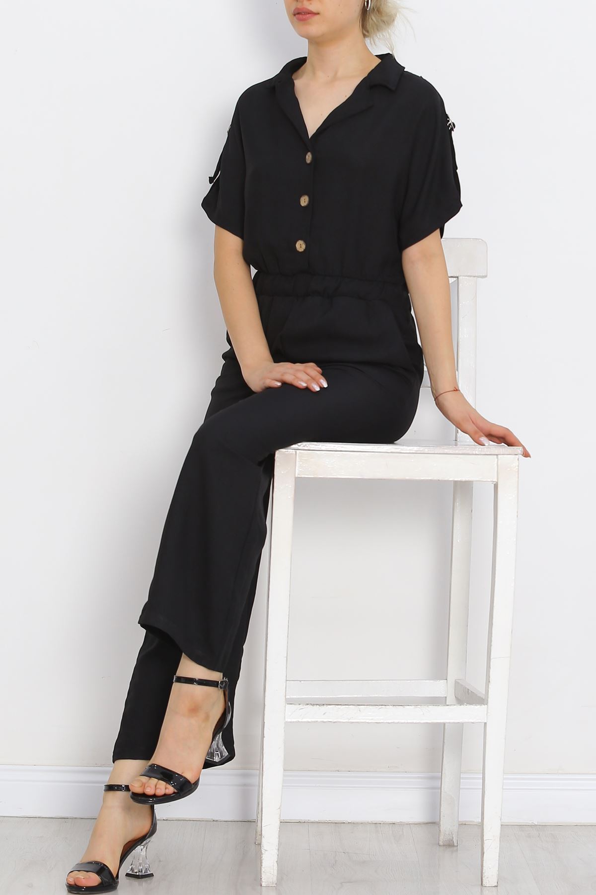 Double-breasted Collar Linen Jumpsuit Black - 16825.1778.