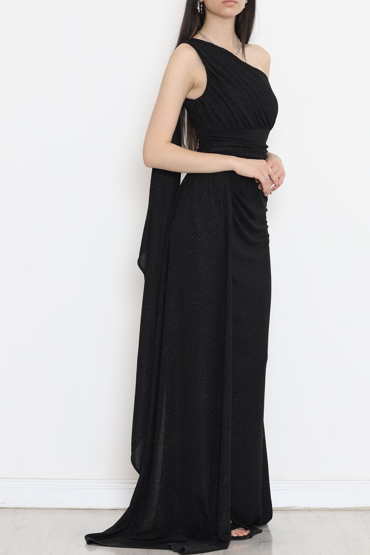 Silvery Crepe Draped Evening Dress Black - 582399.1592.