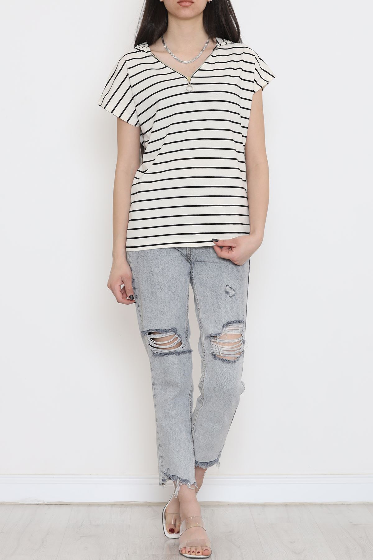 Striped Hooded T-shirt Beige-Black - 15270.1567.