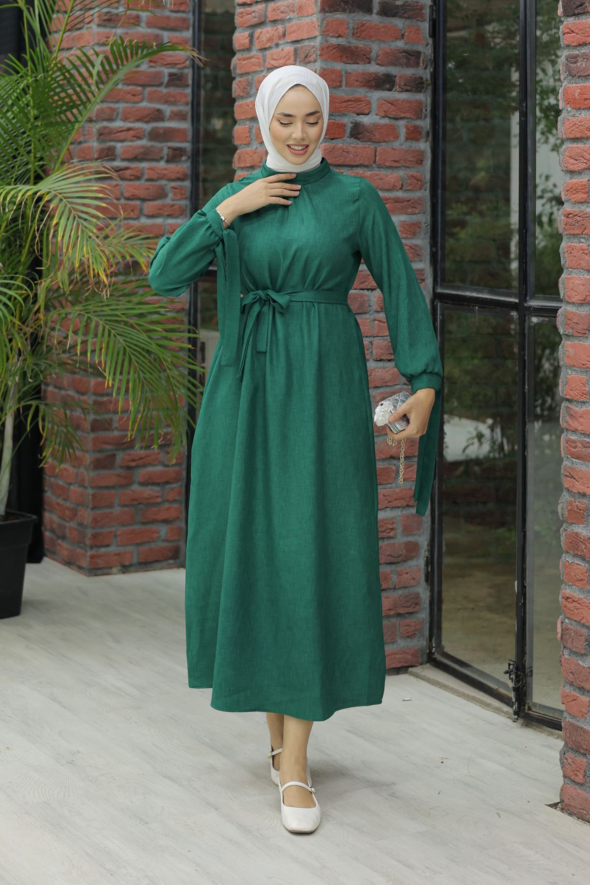 Linen Dress with Sleeve Ties Green - 20346.1778.