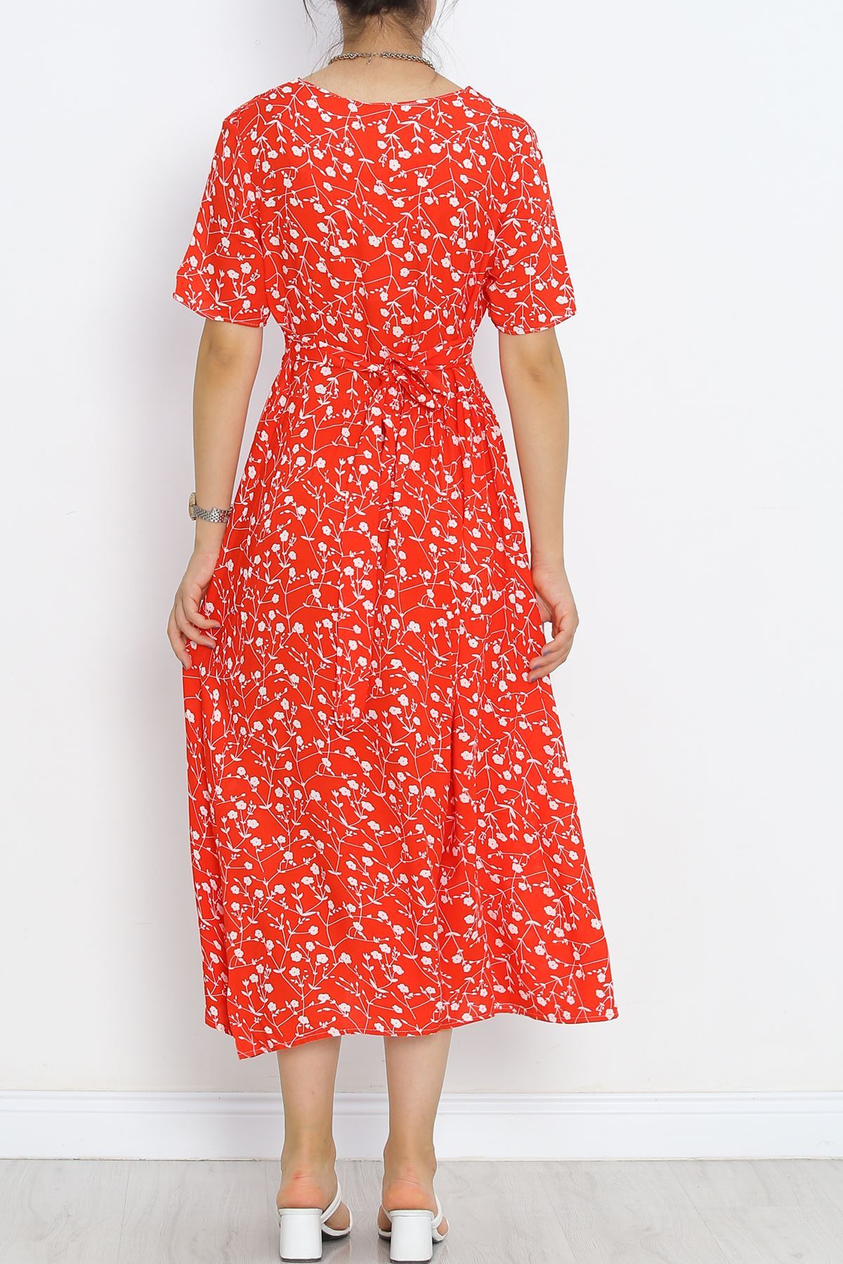 Buttoned Belted Dress Red and White - 716.1247.