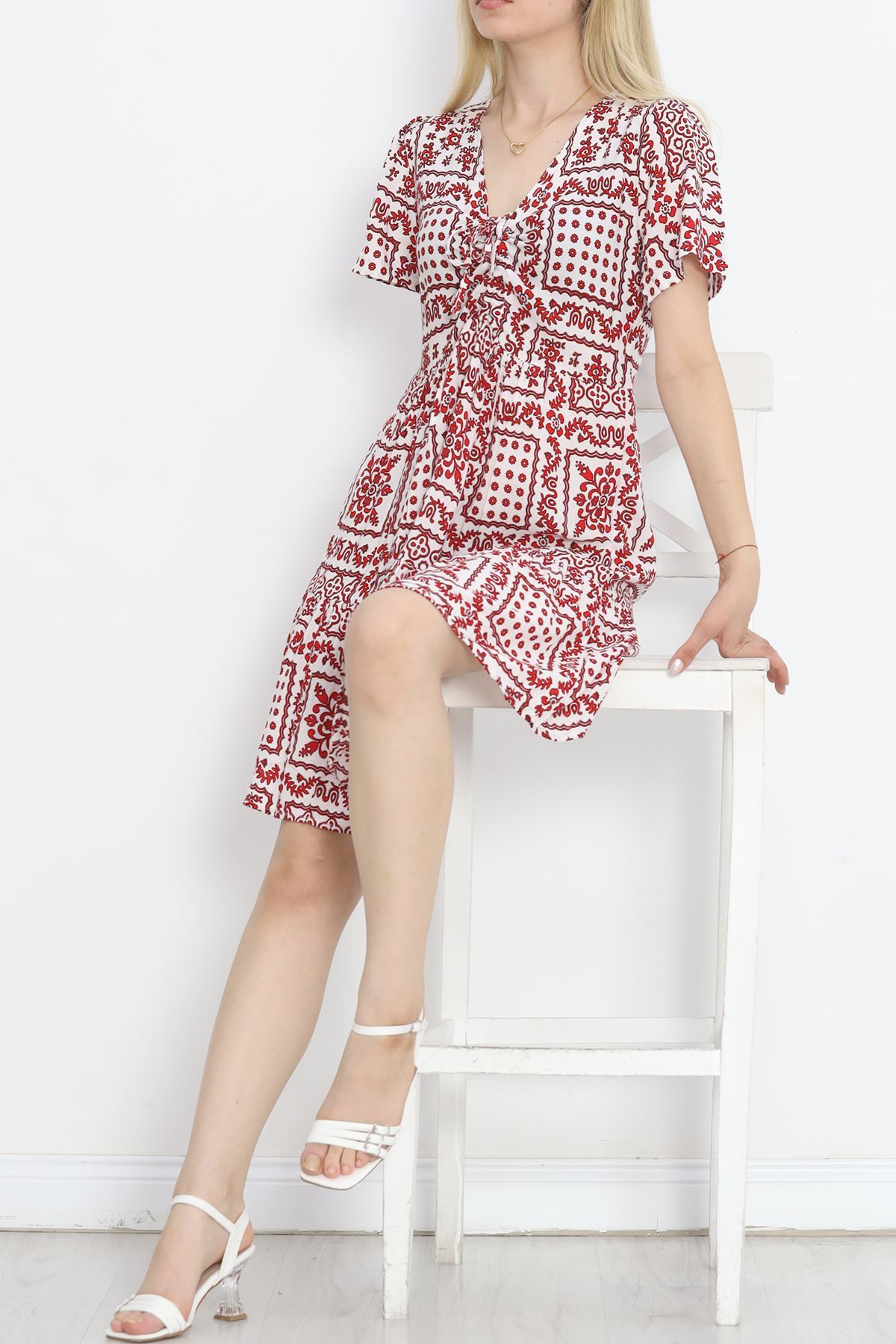 Shirred Front Dress White-Red - 152478.701.