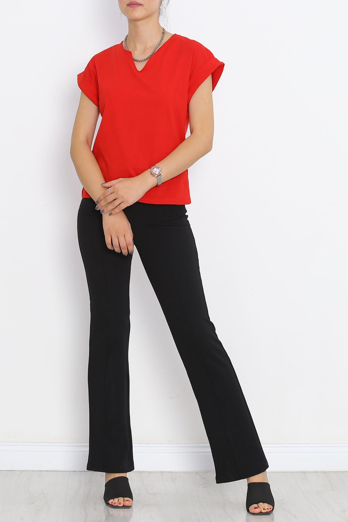 Pear Neck Double Sleeve T-Shirt Red - 15873.1567.