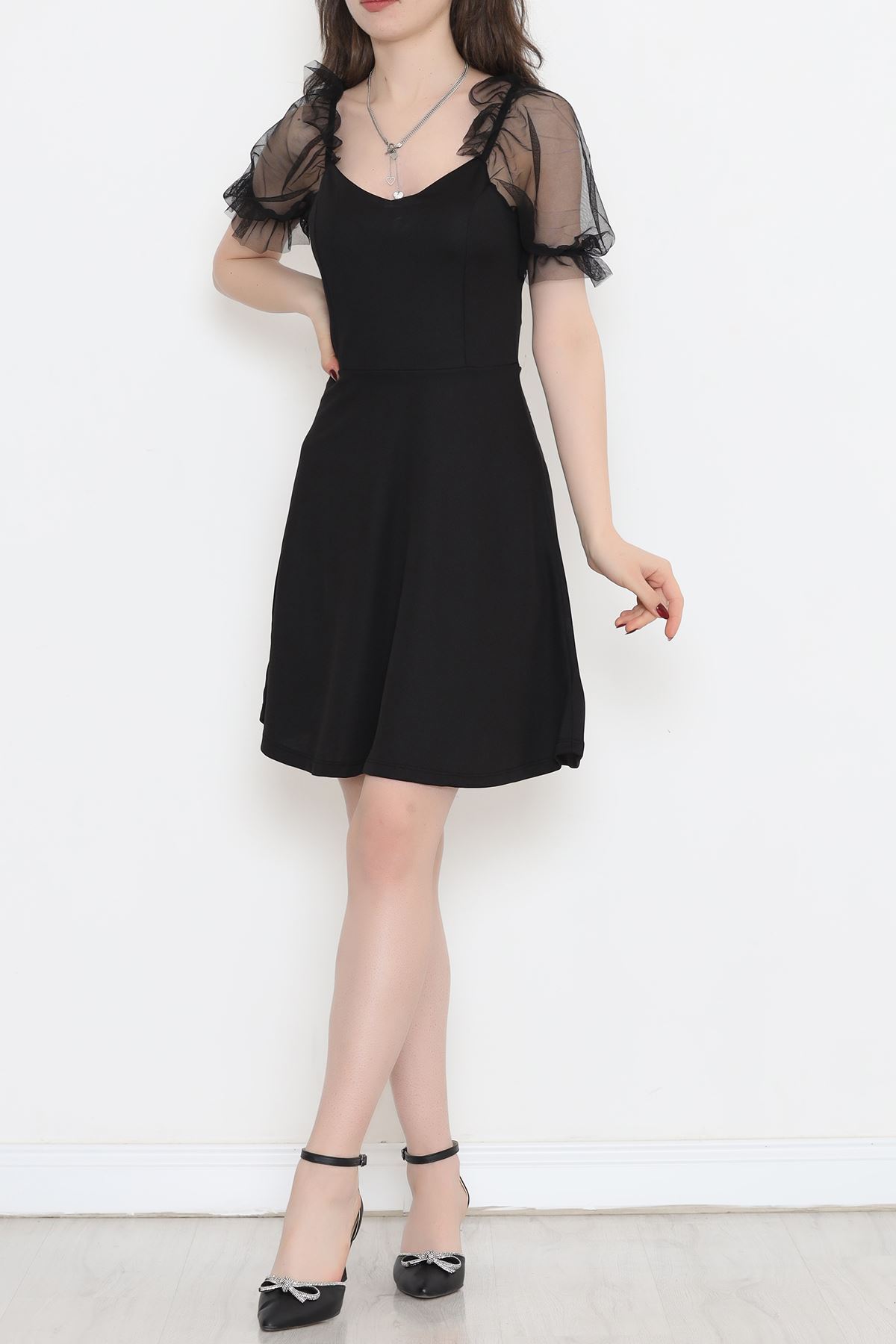 V-Neck Dress with Tulle Sleeves Black - 3869.1595.