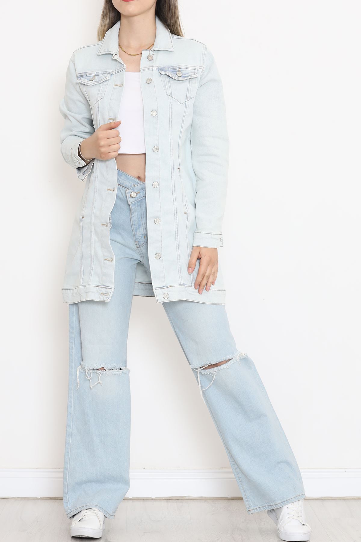 Double Pocket Long Denim Jacket Ice Blue - 18547.1836.