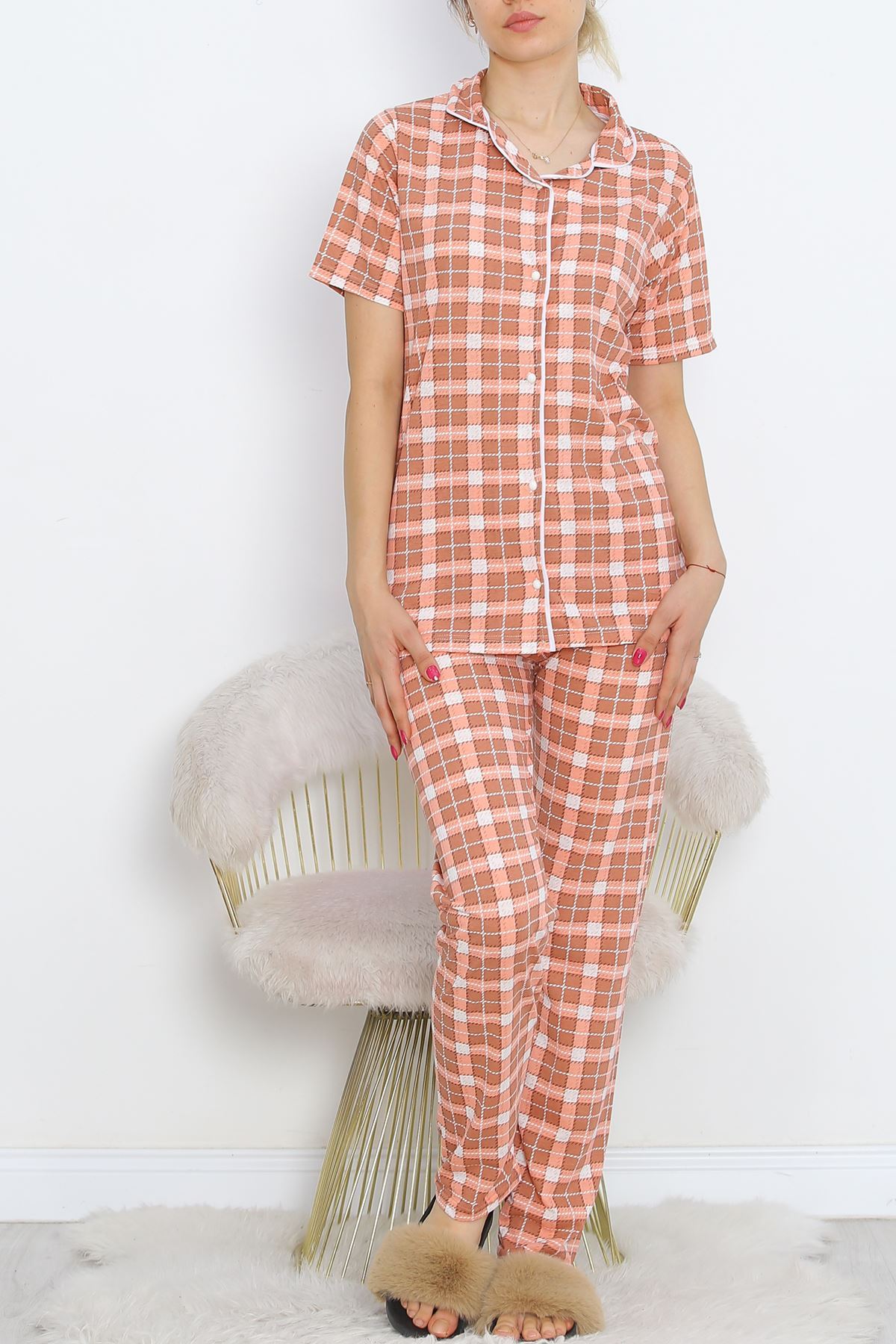 Buttoned Pajama Set Salmon-Brown - 18948.1567.