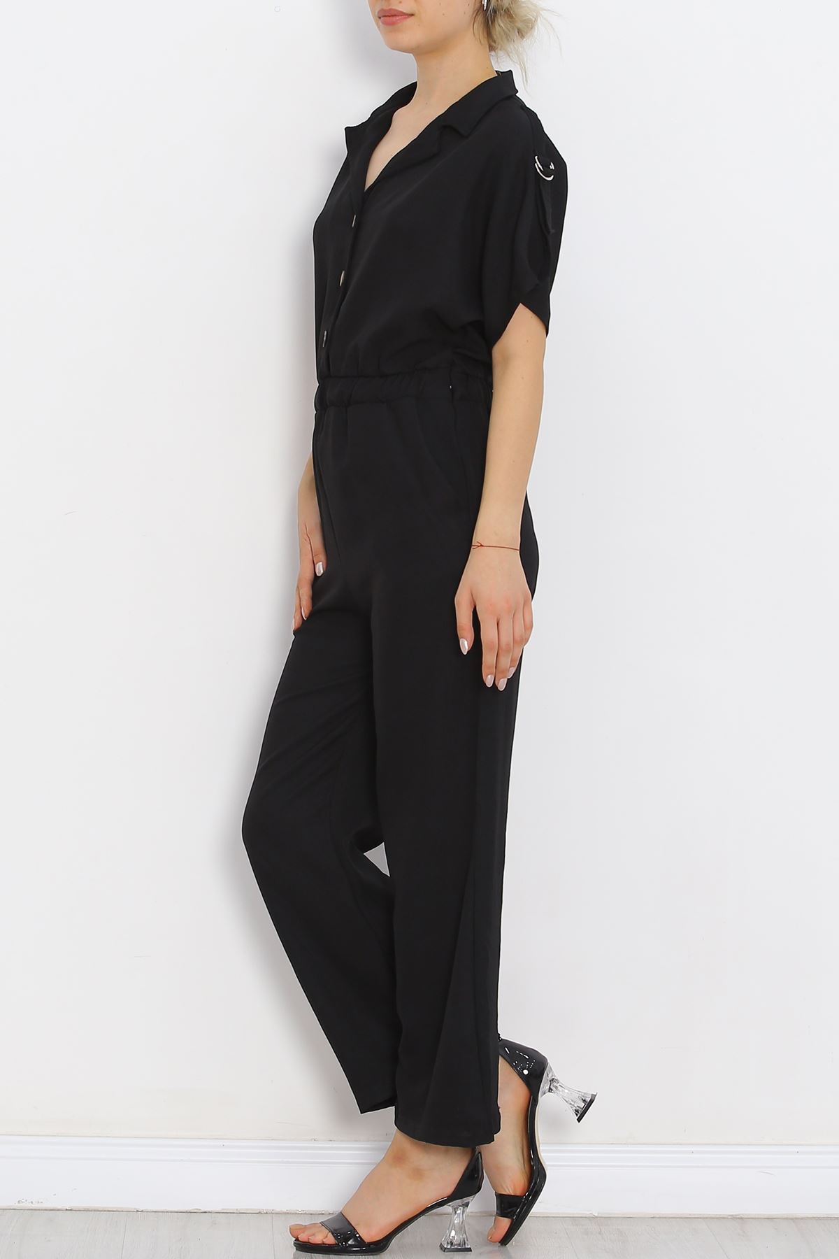 Double-breasted Collar Linen Jumpsuit Black - 16825.1778.