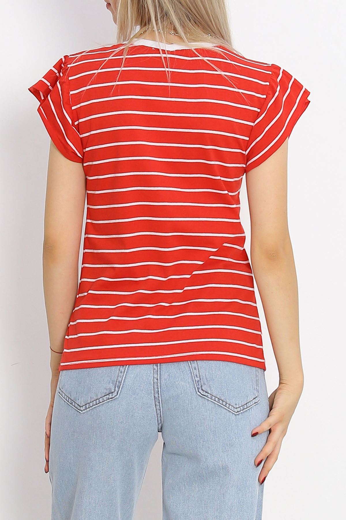 Embroidered Sleeve Ruffle T-shirt Red - 15920.1567.