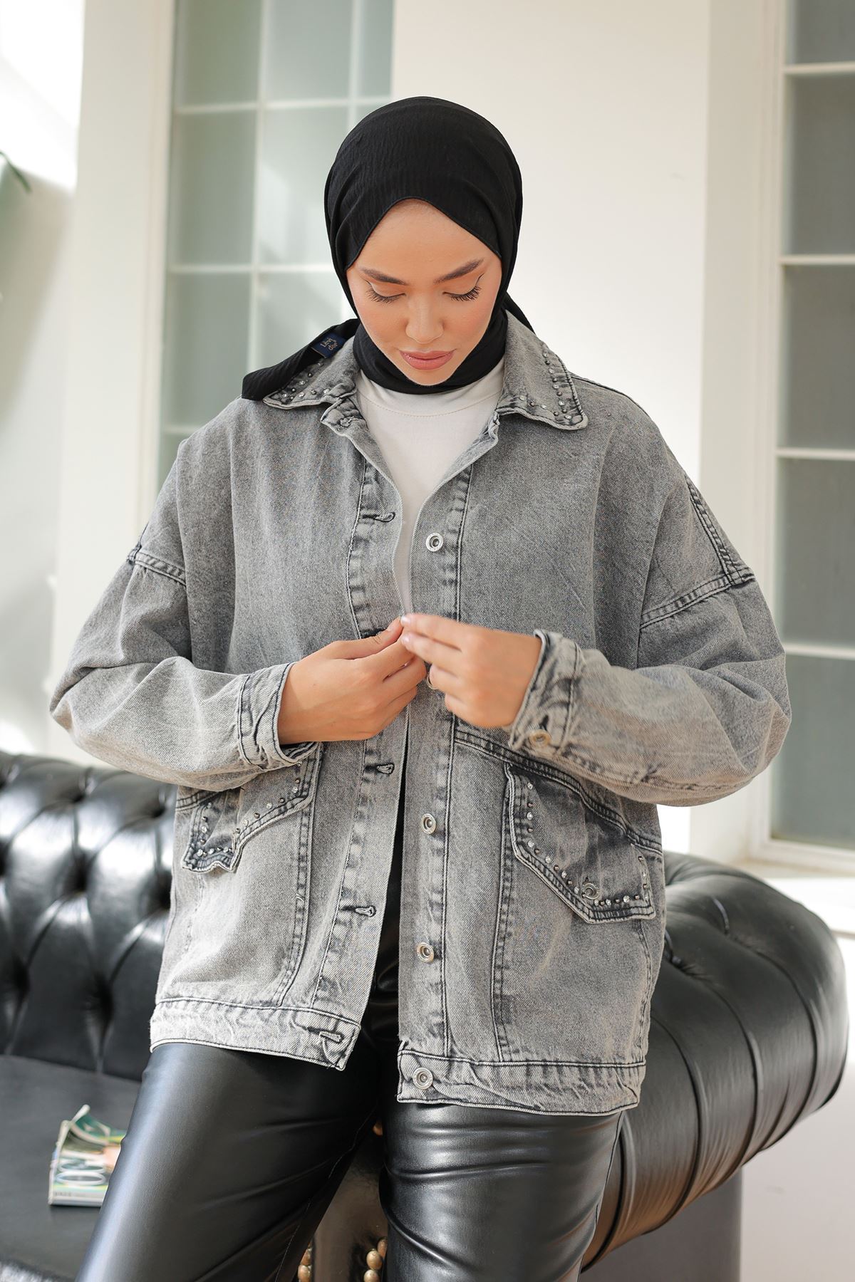 Denim Jacket Anthracite with Stone Collar - 20387.1778.