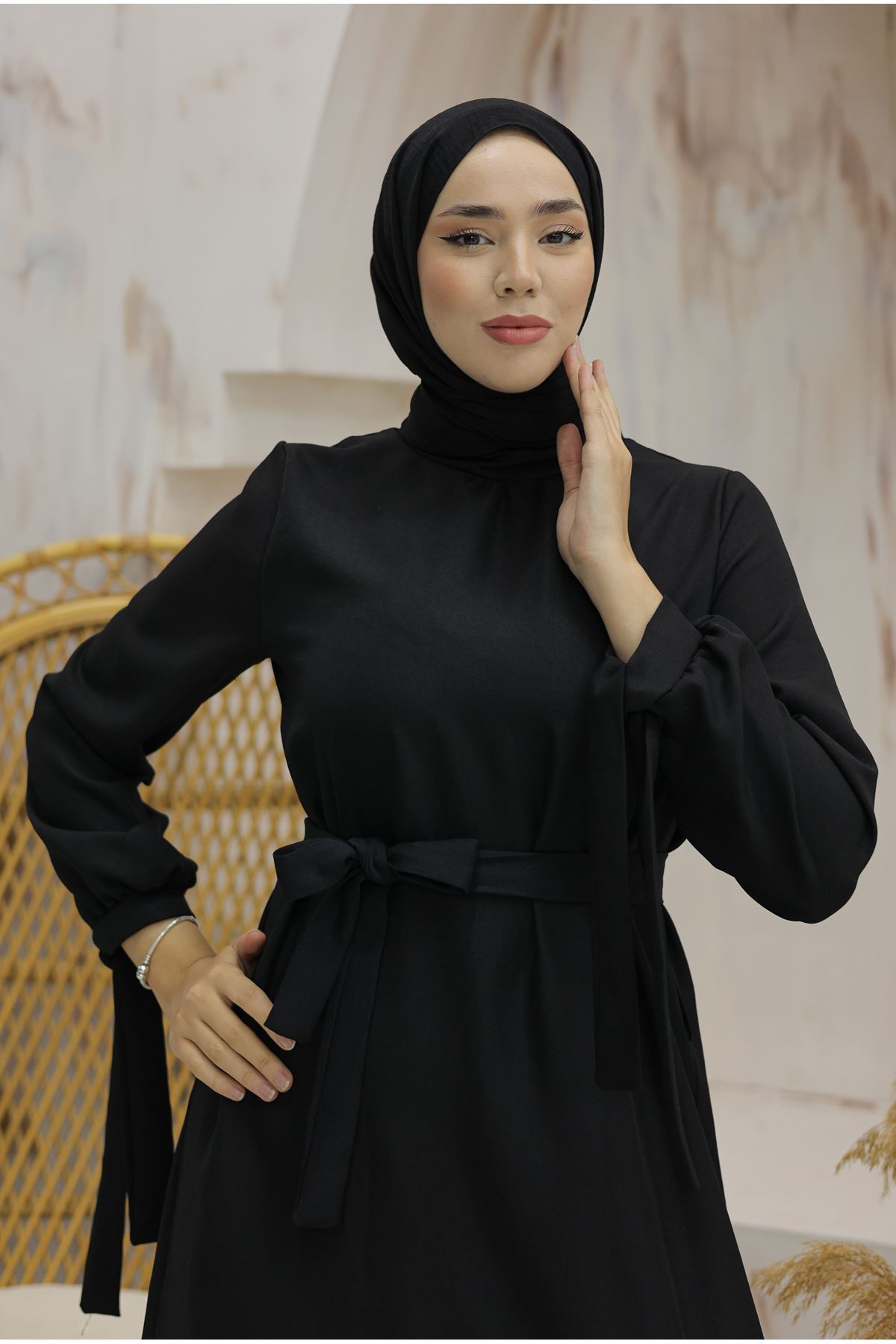 Linen Dress with Sleeve Ties Black - 20346.1778.