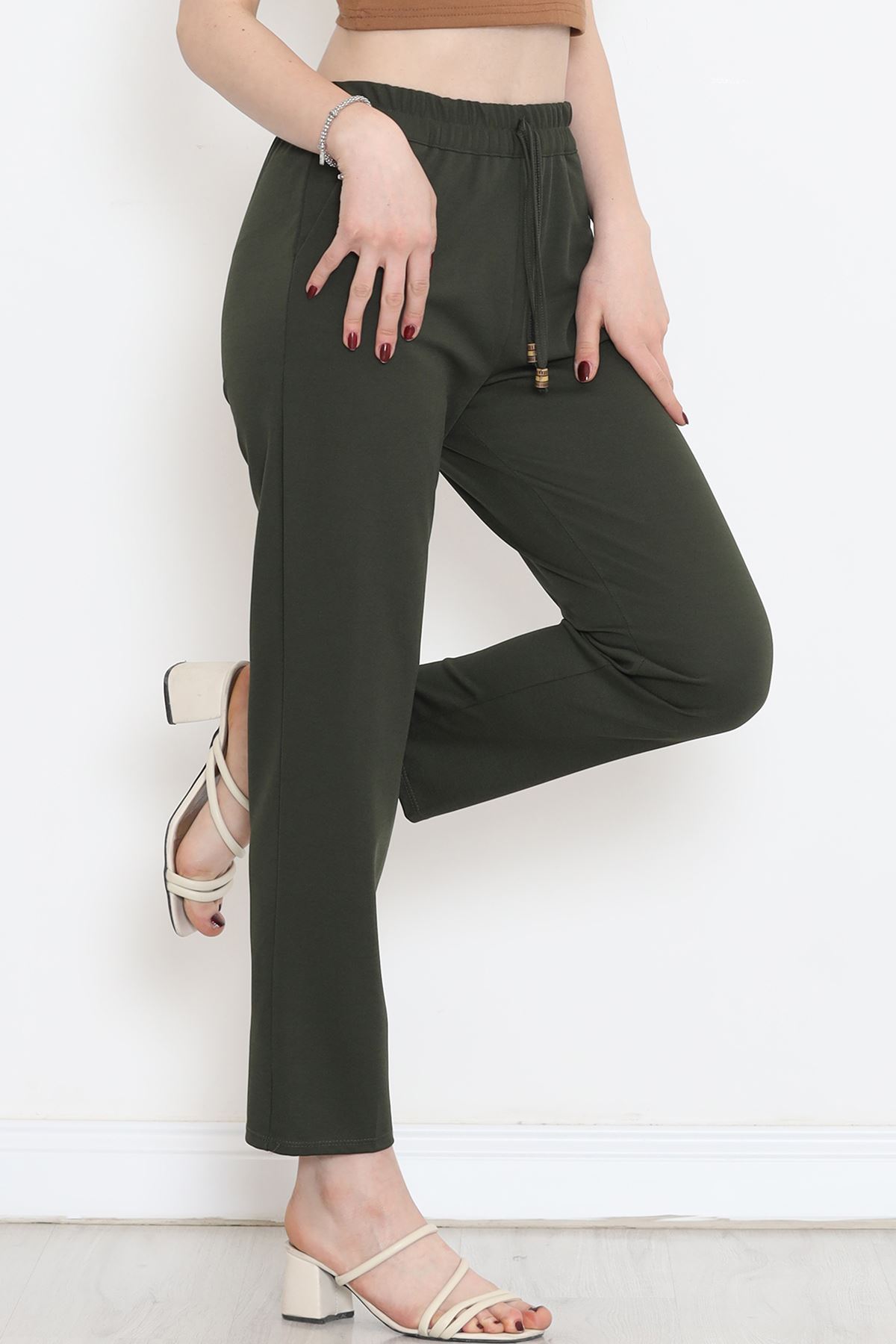 Crepe Lace-up Detailed Pants Khaki - 152429.1778.