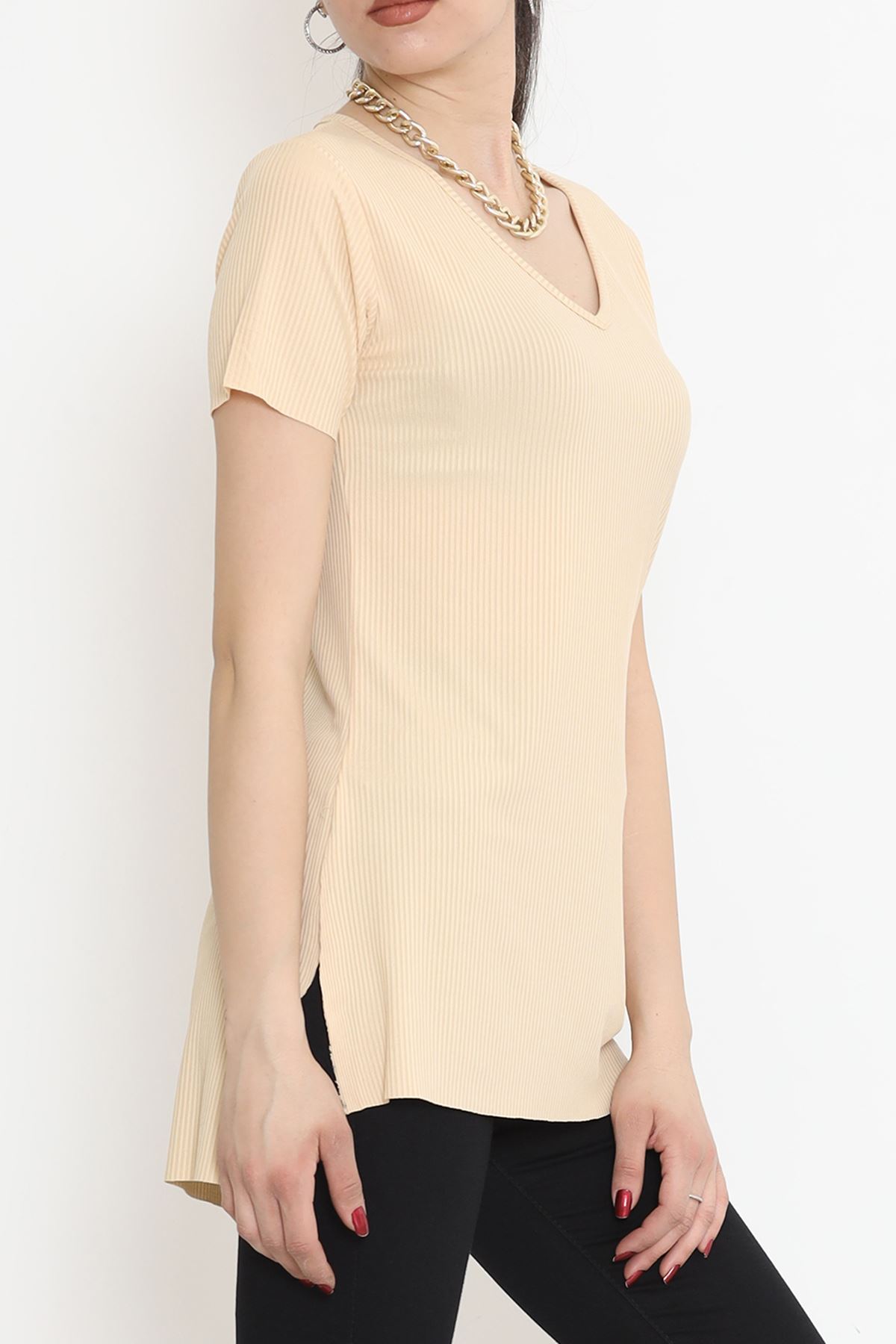 V-Neck T-Shirt with Slits Beige - 1998.555.