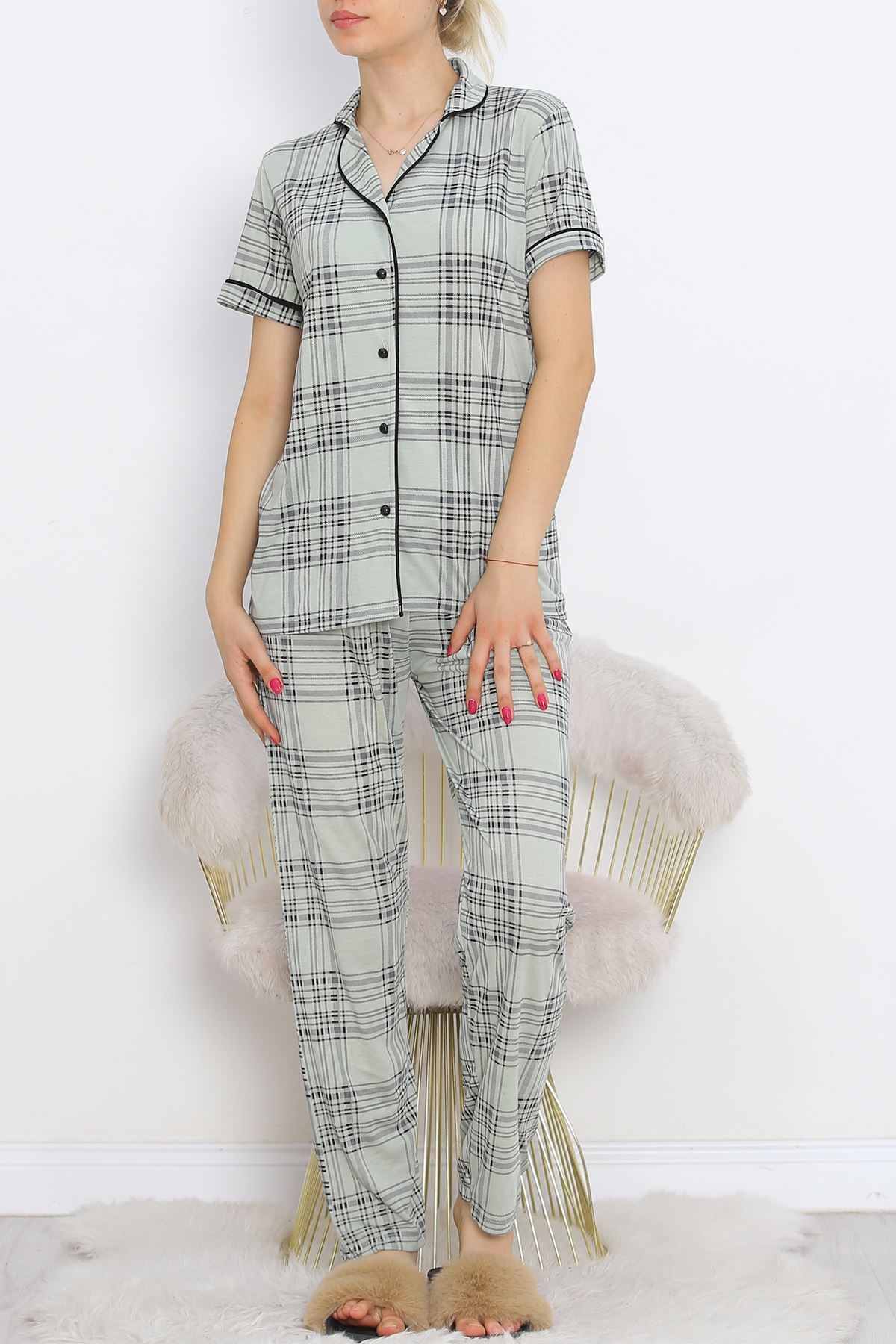 Polyviscose Interlock Short Sleeve Pajama Set Mintsiyah - 927.1287.