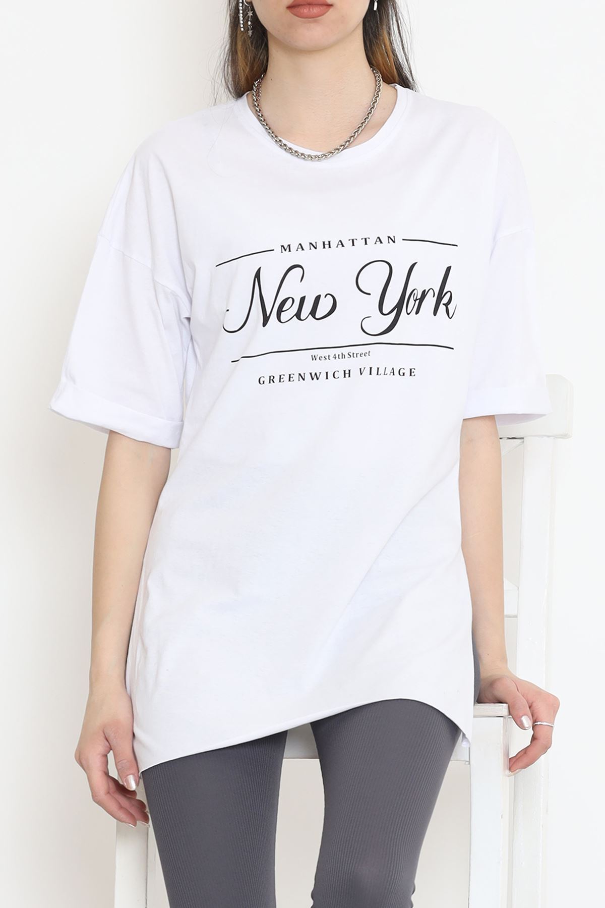 Printed Side Slit T-shirt White - 16557.1567.