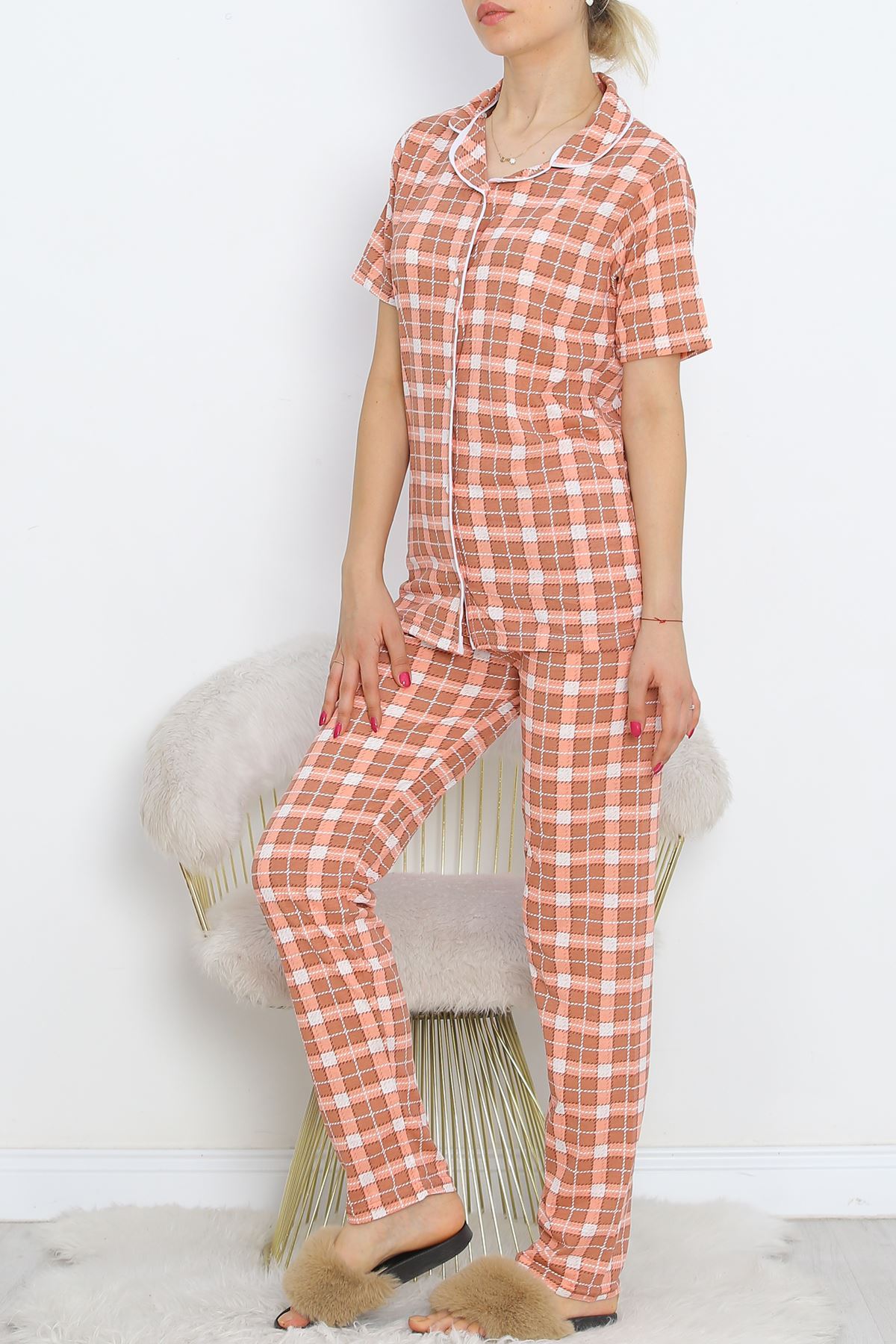 Buttoned Pajama Set Salmon-Brown - 18948.1567.