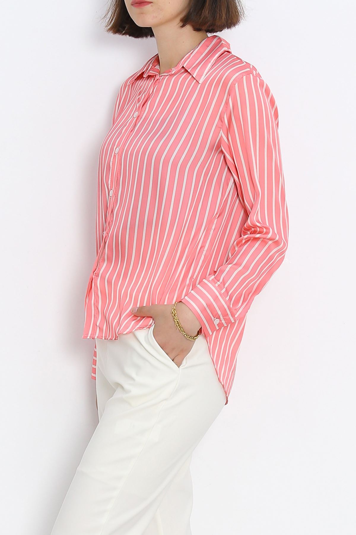 Striped Satin Shirt Pink-White - 18889.1247.