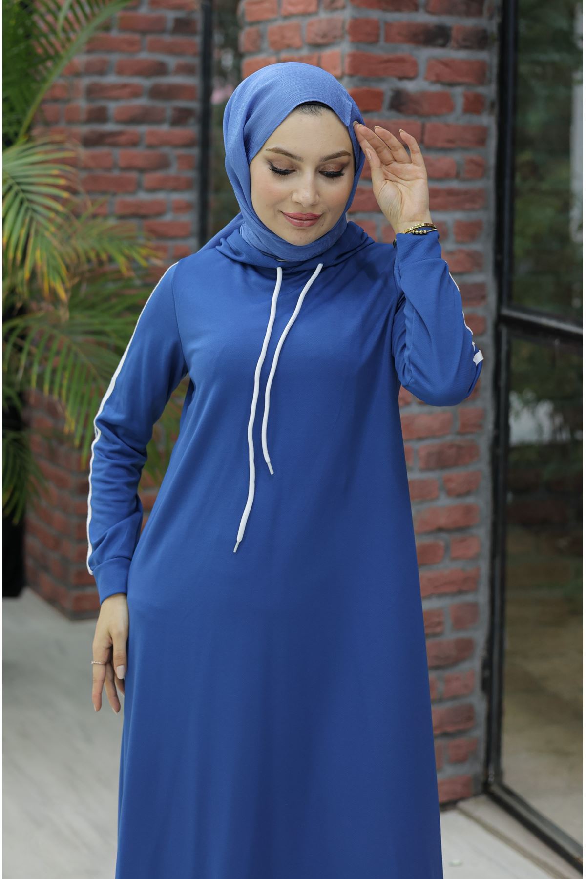 Hooded Stripe Detailed Dress Indigo - 10005.1778.