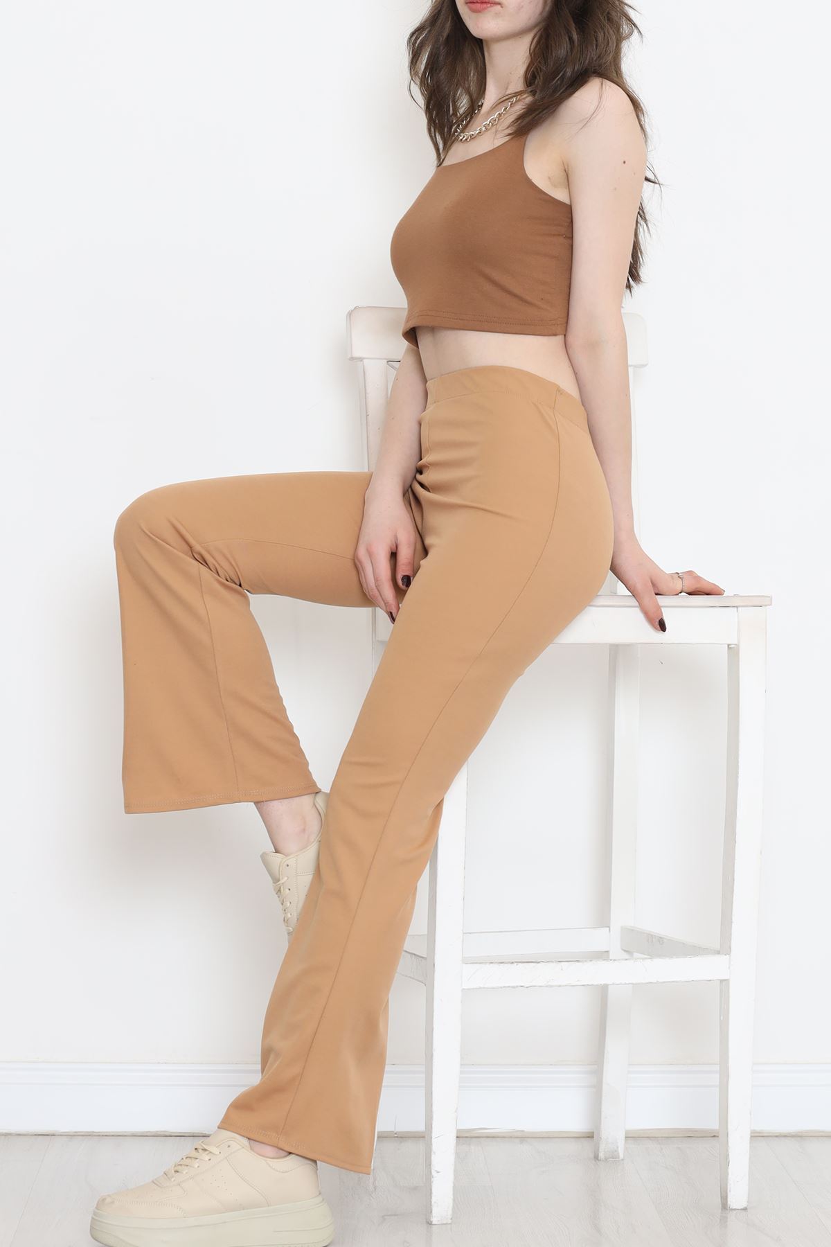 Flared Crepe Crepe Leggings Trousers Sütlükahve - 152426.1778.