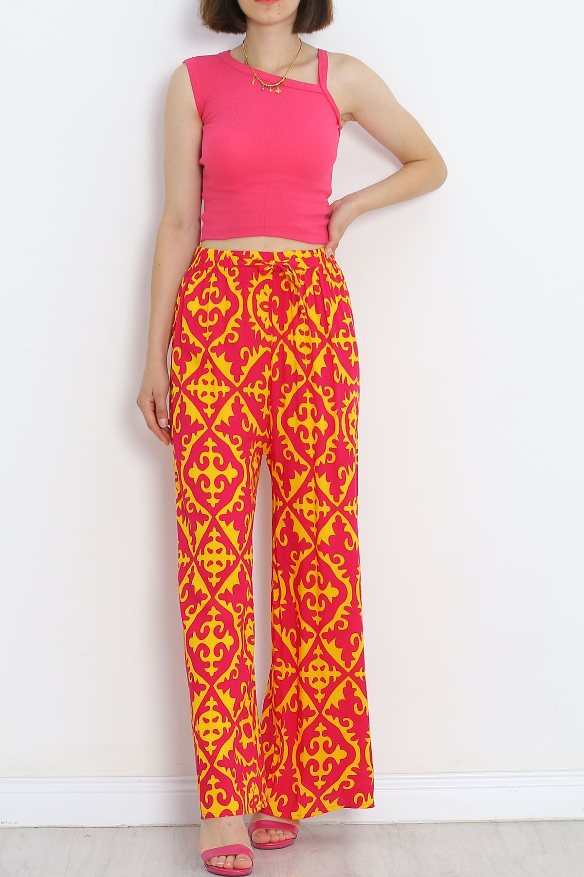 Patterned Woven Trousers Pink Yellow - 18979.1095.