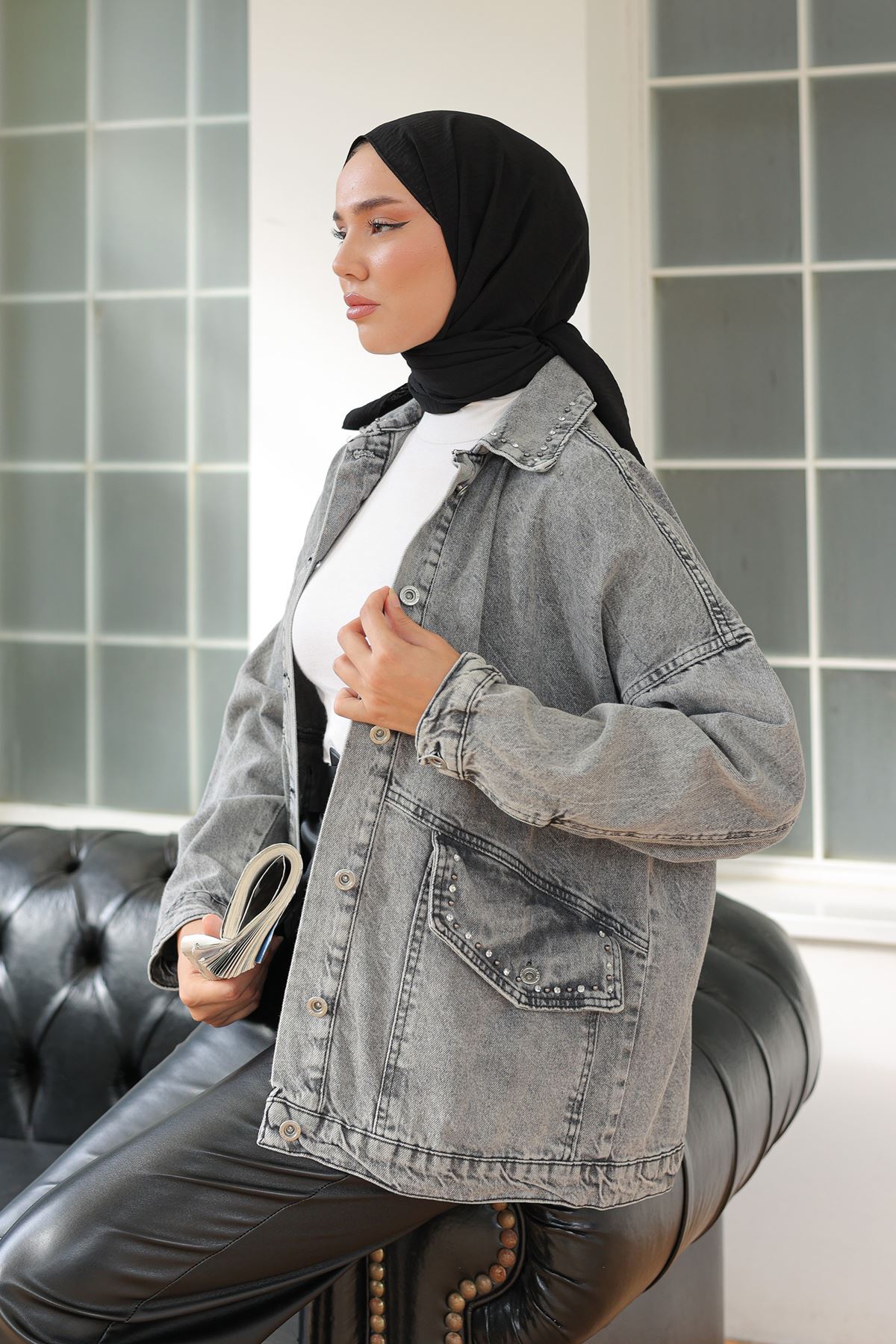 Denim Jacket Anthracite with Stone Collar - 20387.1778.