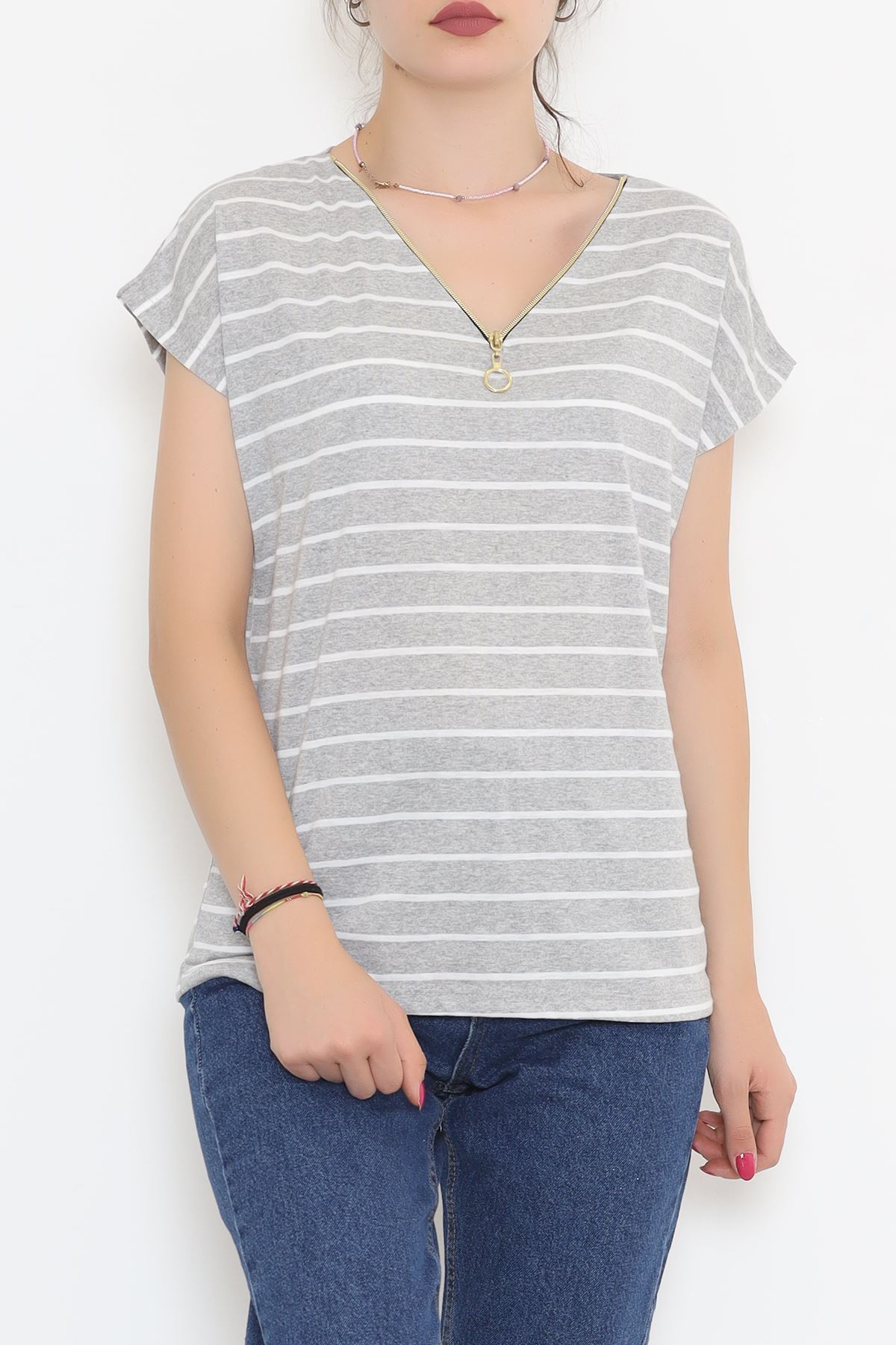 Striped T-shirt with zipper Grey1 - 9657.1567.