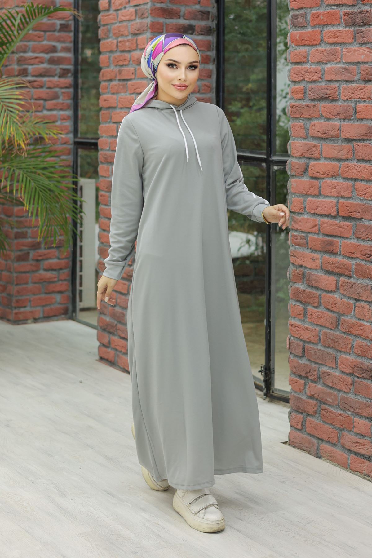 Hooded Stripe Detailed Dress Gray - 10005.1778.