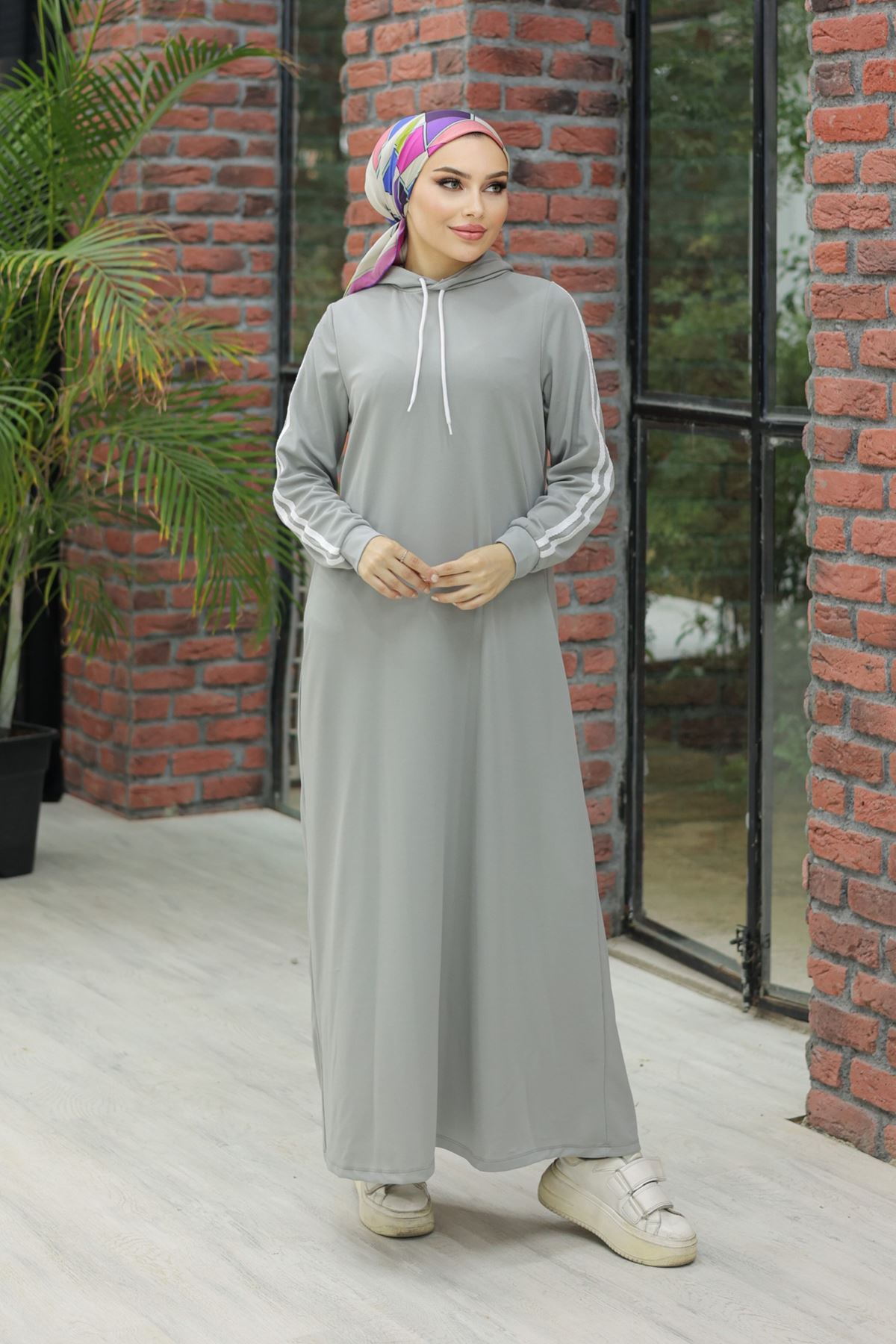 Hooded Stripe Detailed Dress Gray - 10005.1778.