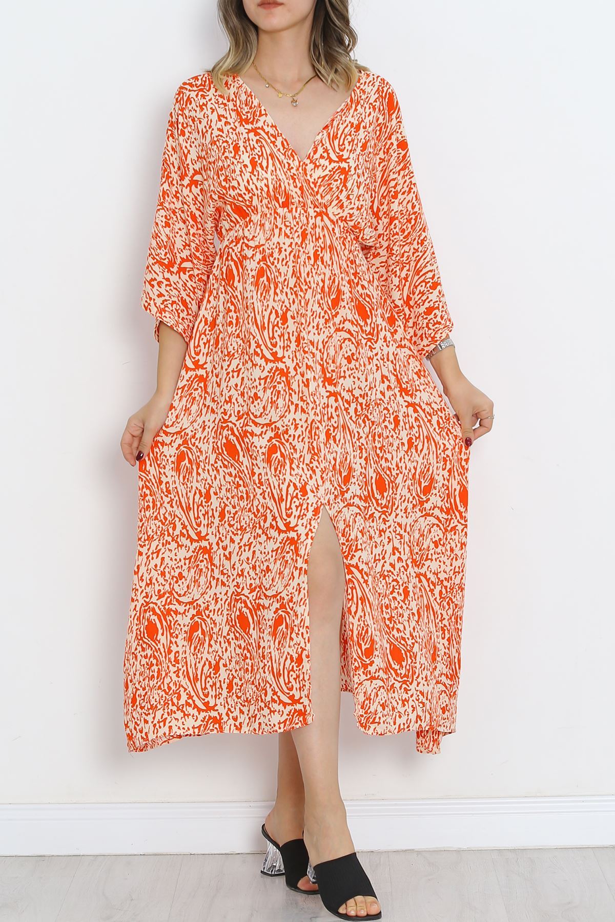 Double-breasted Collar Patterned Dress Orange - 707.1247.