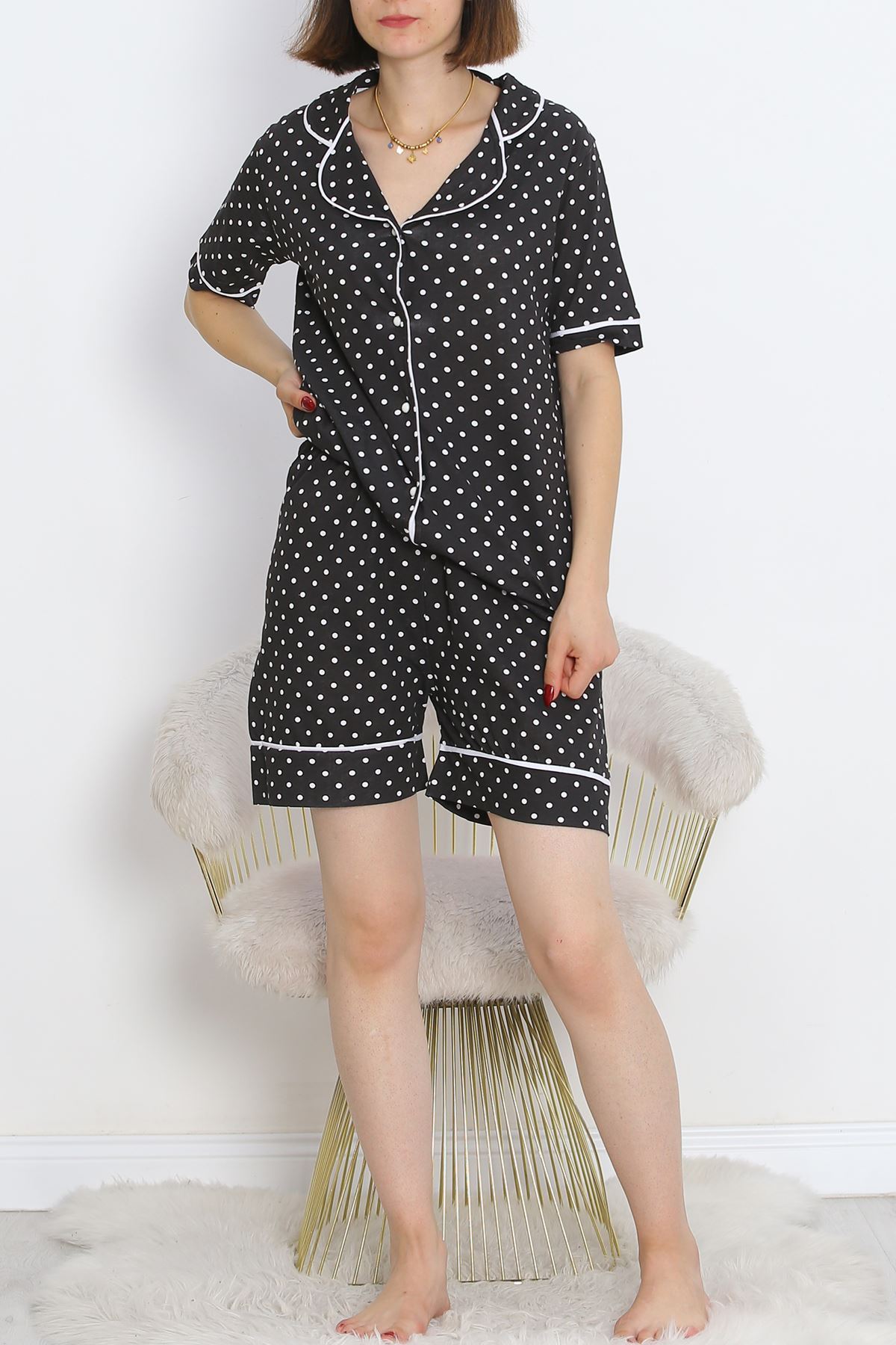 Buttoned Shorts Pajama Set Dotted Black - 18944.1567.