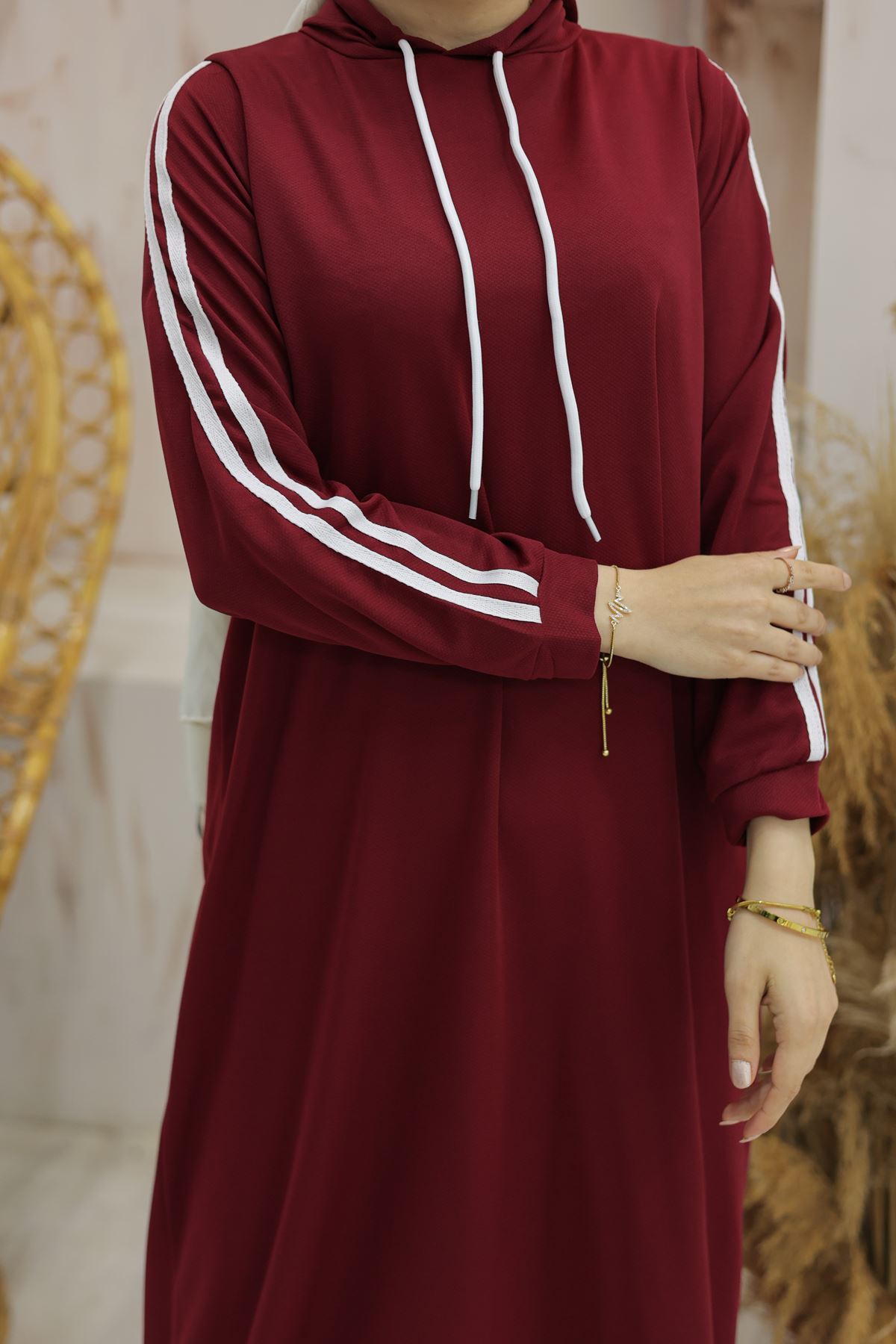 Hooded Stripe Detailed Dress Burgundy - 10005.1778.