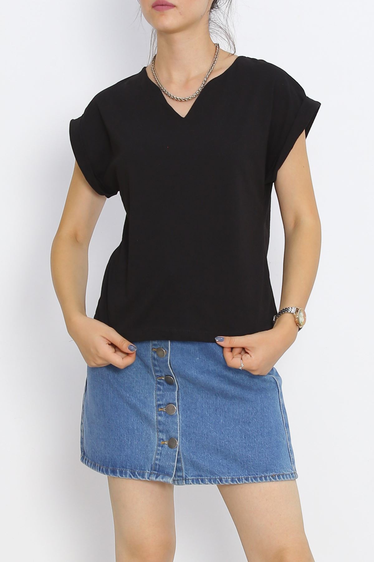 Pear Neck Double Sleeve T-Shirt Black - 15873.1567.