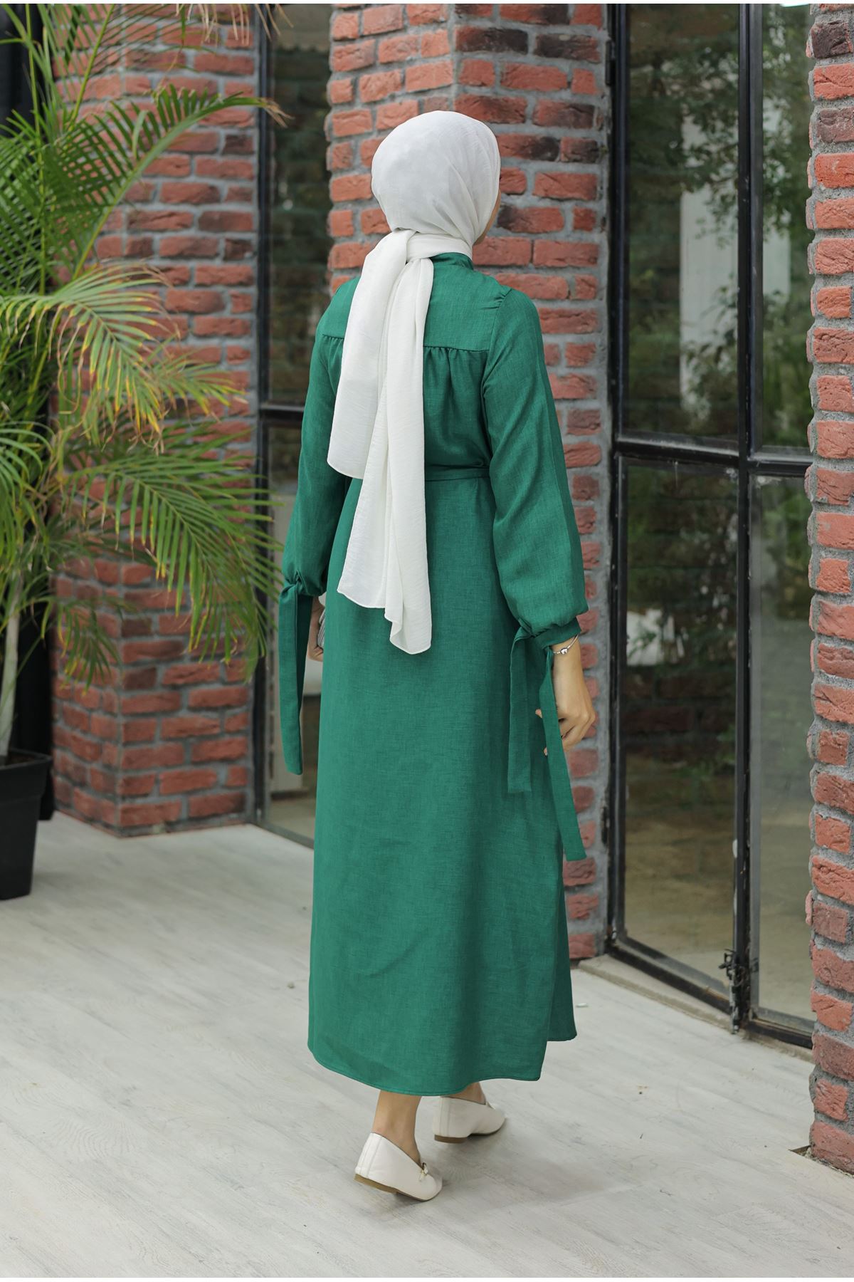 Linen Dress with Sleeve Ties Green - 20346.1778.