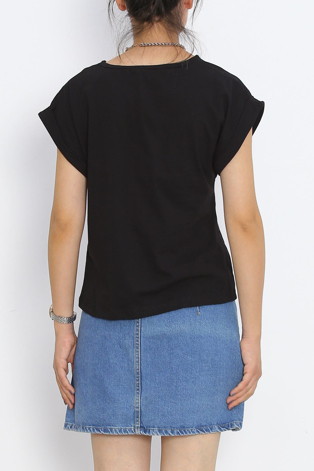 Pear Neck Double Sleeve T-Shirt Black - 15873.1567.