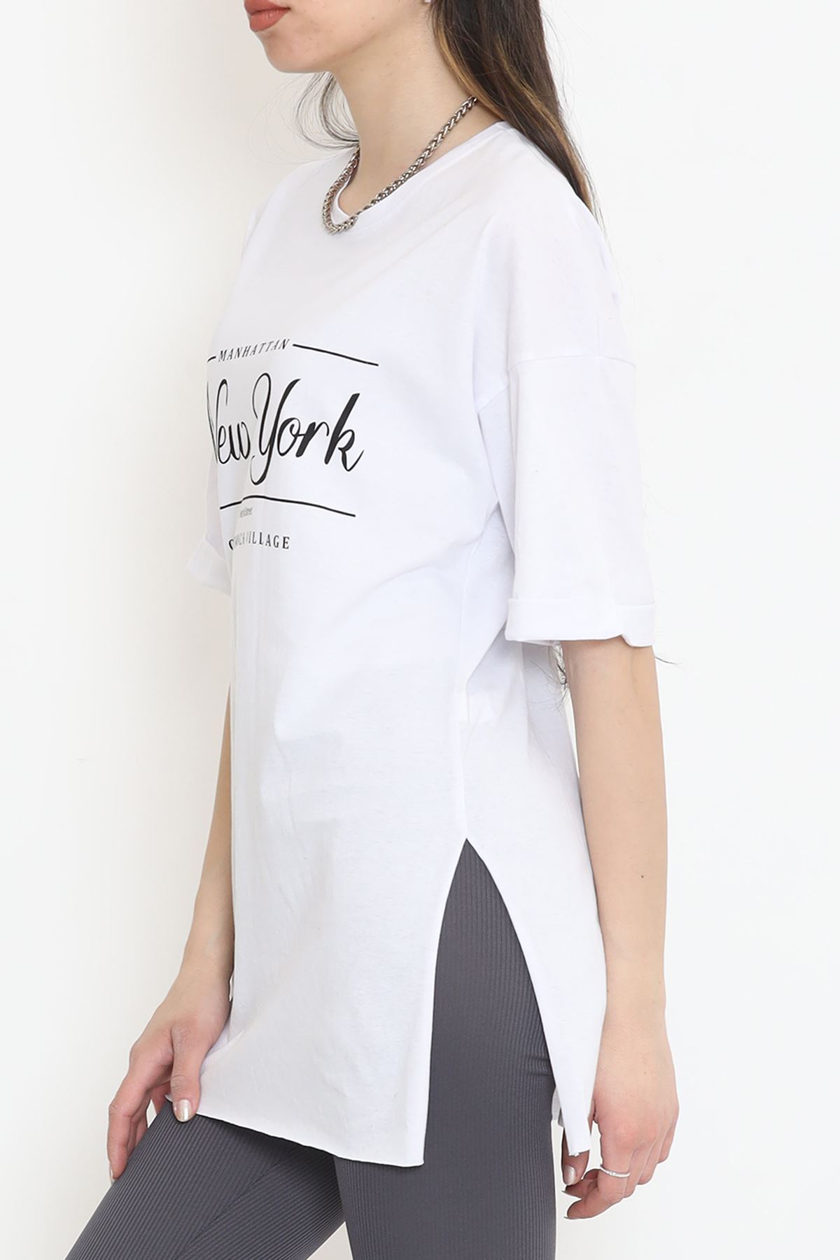 Printed Side Slit T-shirt White - 16557.1567.