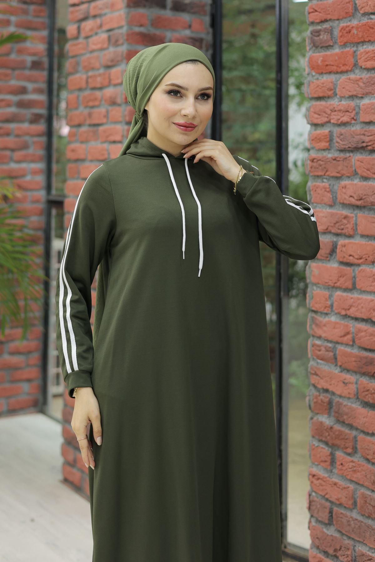 Hooded Stripe Detailed Dress Khaki - 10005.1778.