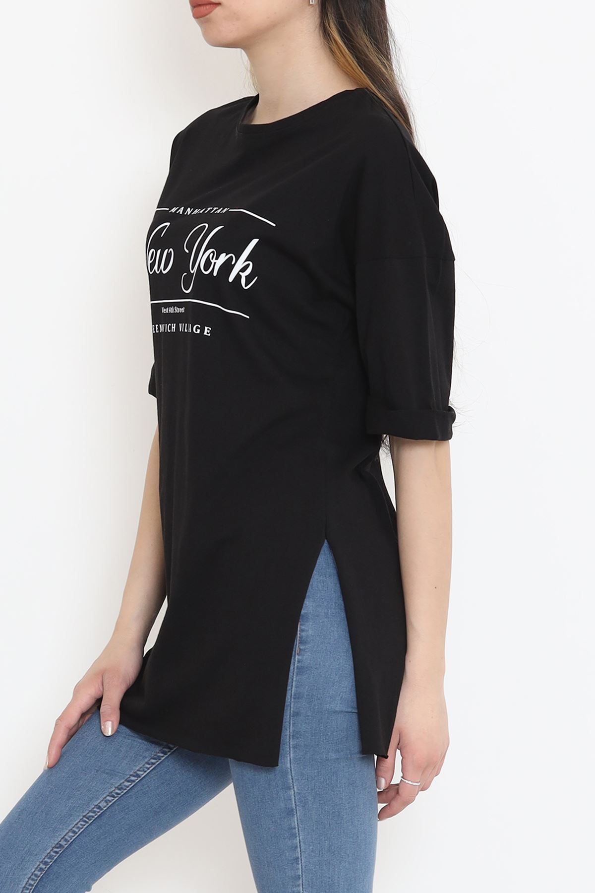 Printed Side Slit T-shirt Black - 16557.1567.